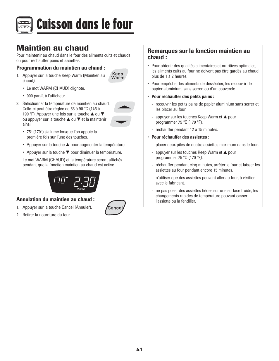 Cuisson dans le four, Maintien au chaud, Remarques sur la fonction maintien au chaud | Amana 8113P454-60 User Manual | Page 42 / 84