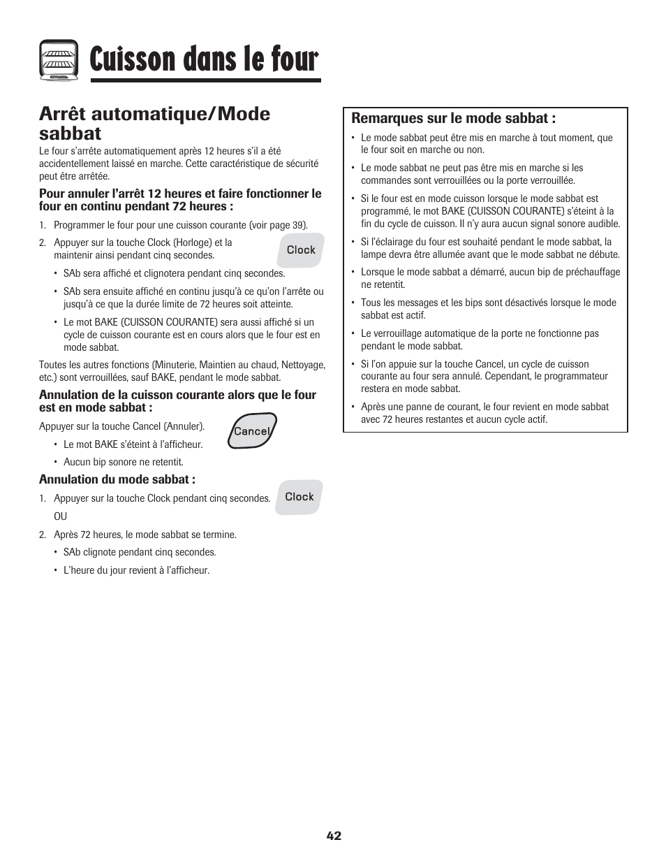 Cuisson dans le four, Arrêt automatique/mode sabbat, Remarques sur le mode sabbat | Amana 8113P454-60 User Manual | Page 43 / 84