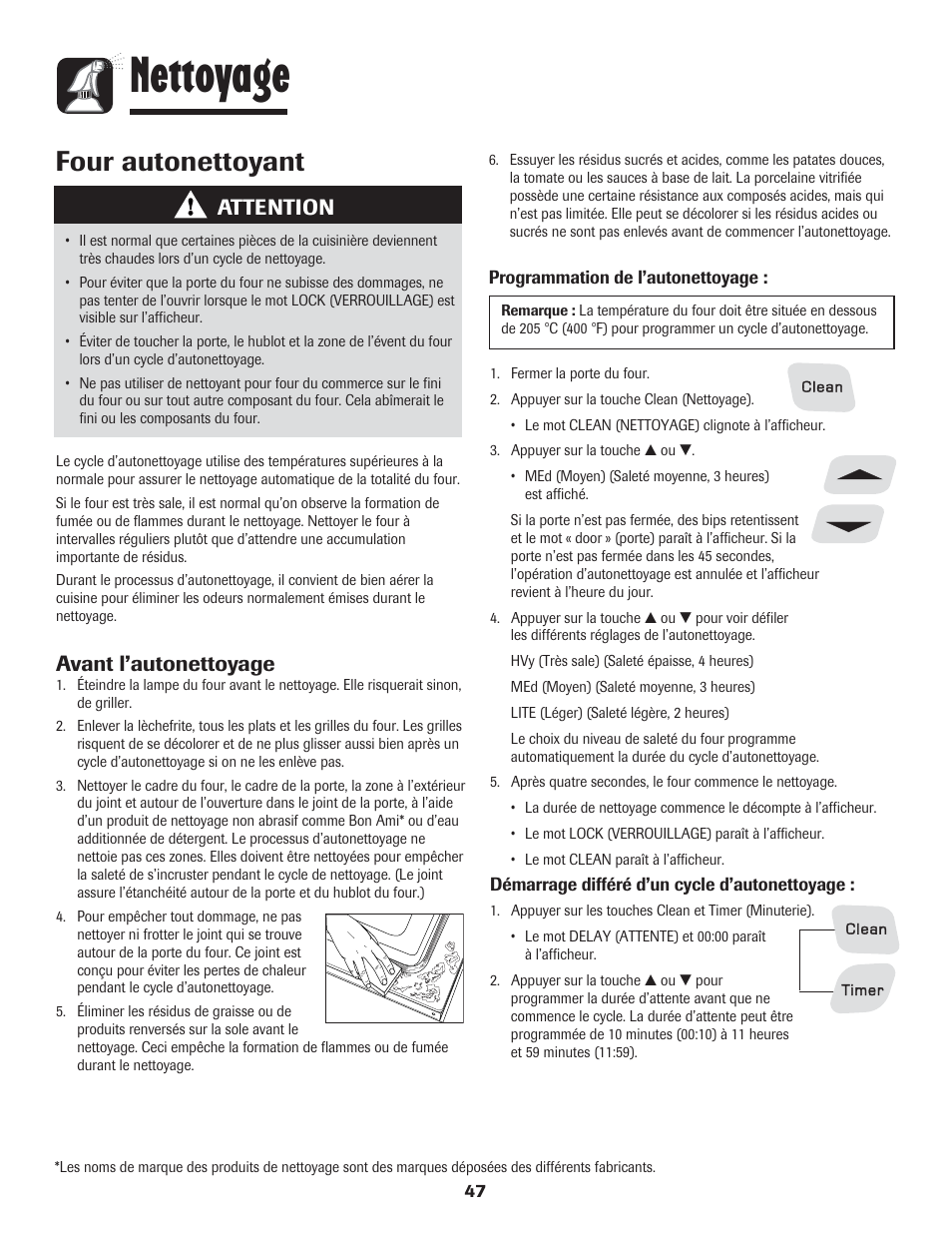 Nettoyage, Four autonettoyant, Attention | Avant l’autonettoyage | Amana 8113P454-60 User Manual | Page 48 / 84