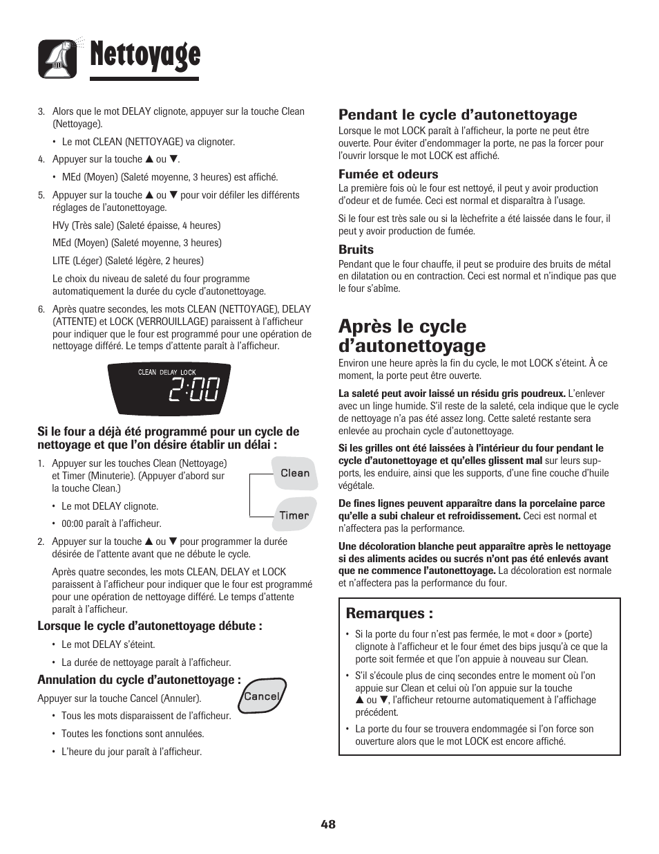 Nettoyage, Après le cycle d’autonettoyage, Remarques | Pendant le cycle d’autonettoyage | Amana 8113P454-60 User Manual | Page 49 / 84