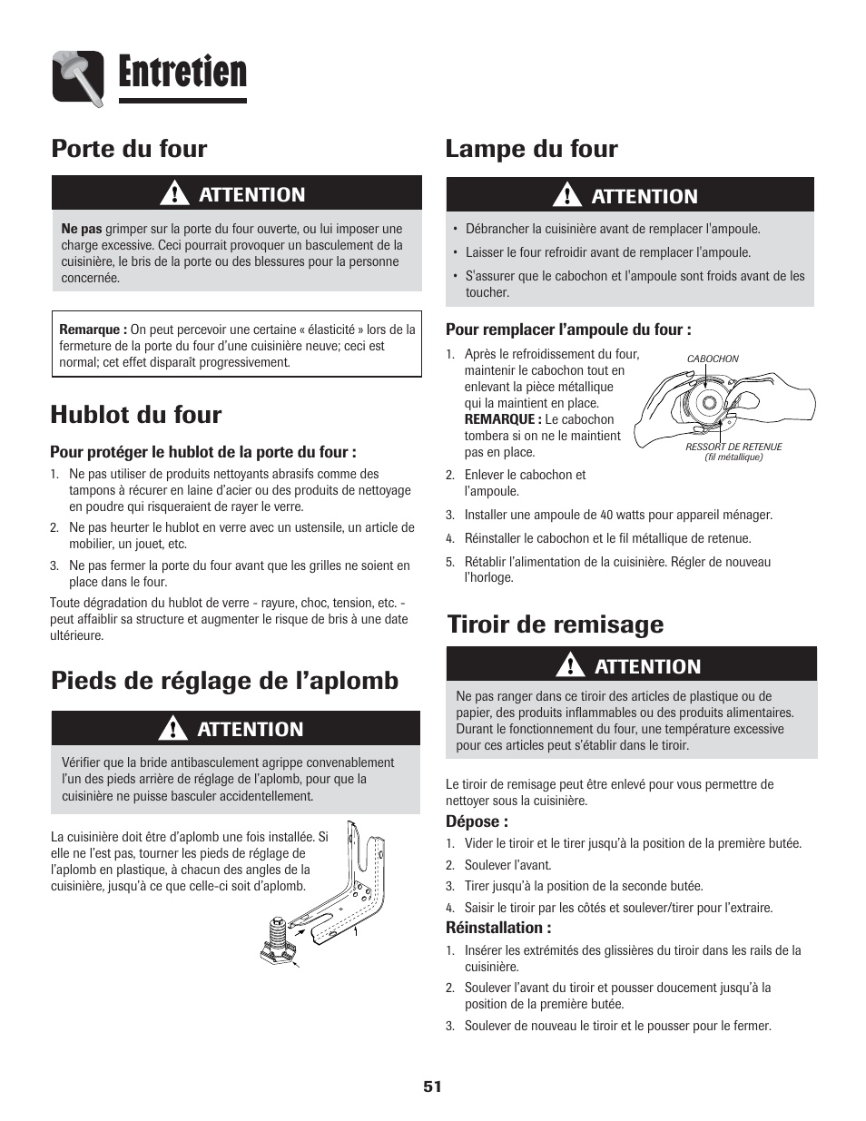 Entretien, Porte du four, Hublot du four | Lampe du four, Pieds de réglage de l’aplomb, Tiroir de remisage, Attention | Amana 8113P454-60 User Manual | Page 52 / 84