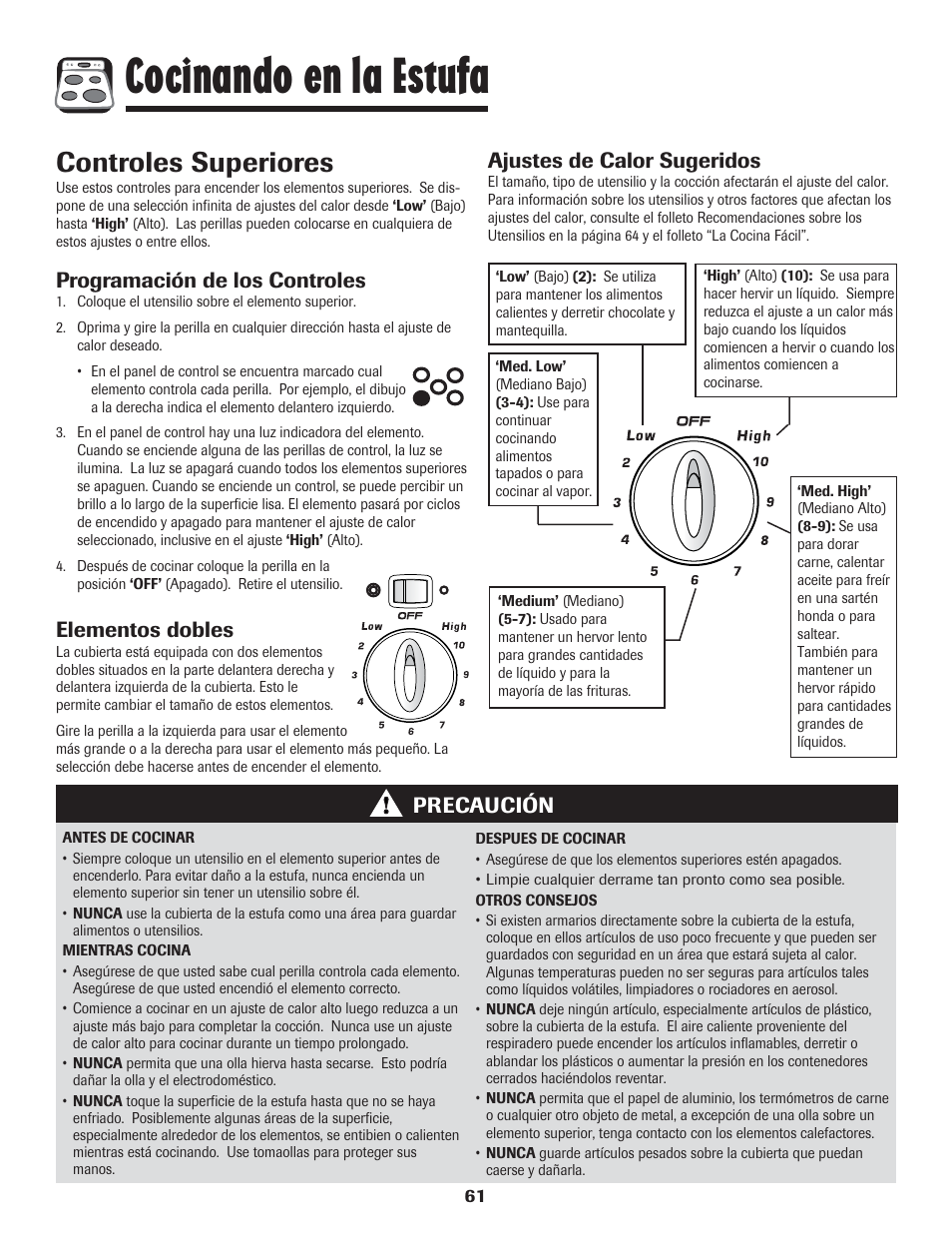 Cocinando en la estufa, Controles superiores, Programación de los controles | Elementos dobles, Ajustes de calor sugeridos, Precaución | Amana 8113P454-60 User Manual | Page 62 / 84