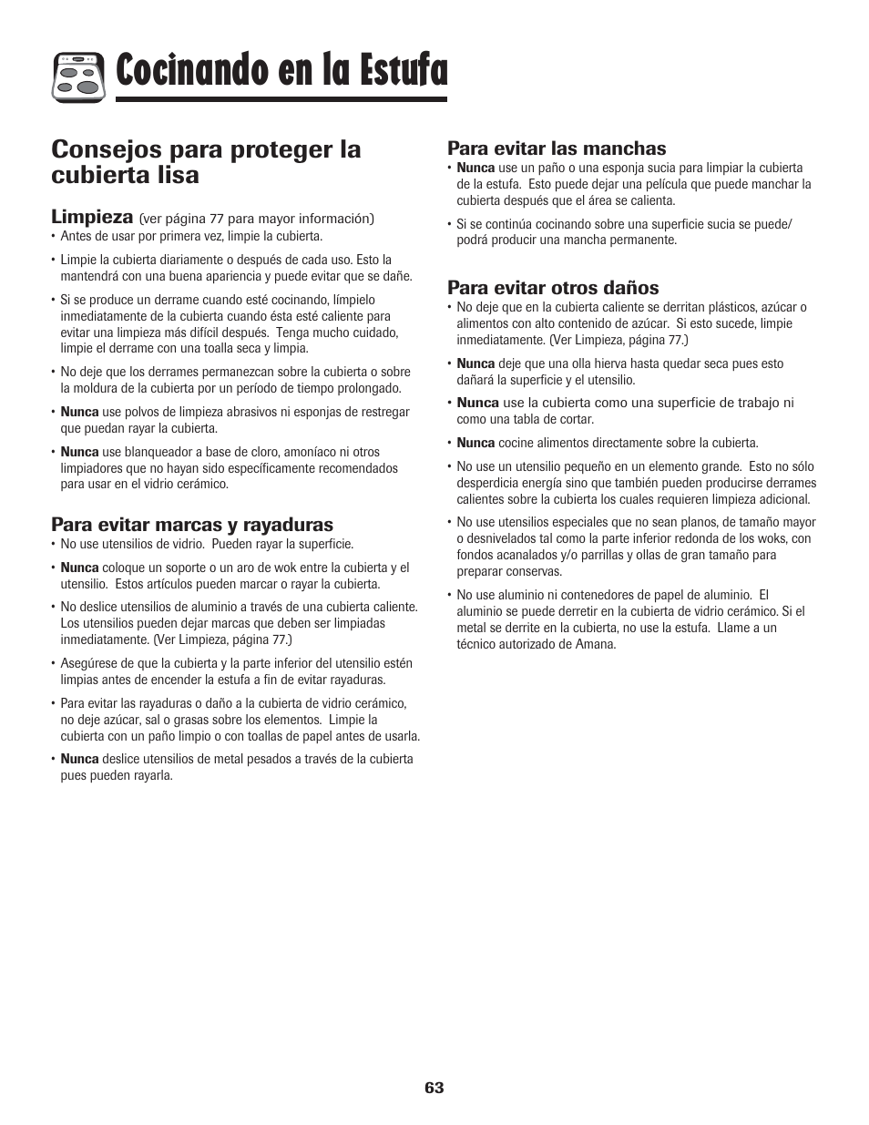 Cocinando en la estufa, Consejos para proteger la cubierta lisa, Limpieza | Para evitar marcas y rayaduras, Para evitar las manchas, Para evitar otros daños | Amana 8113P454-60 User Manual | Page 64 / 84