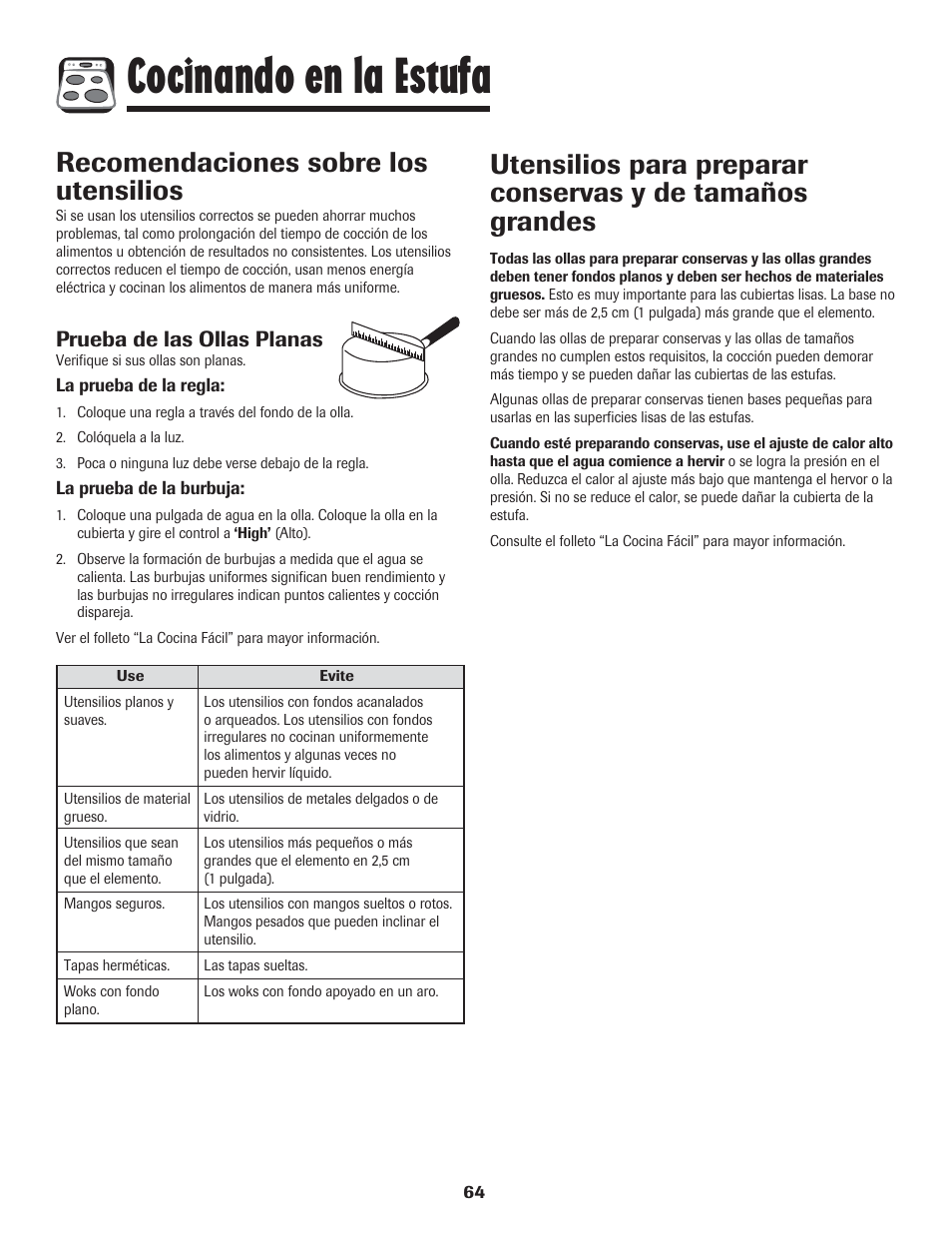 Cocinando en la estufa, Recomendaciones sobre los utensilios, Prueba de las ollas planas | Amana 8113P454-60 User Manual | Page 65 / 84