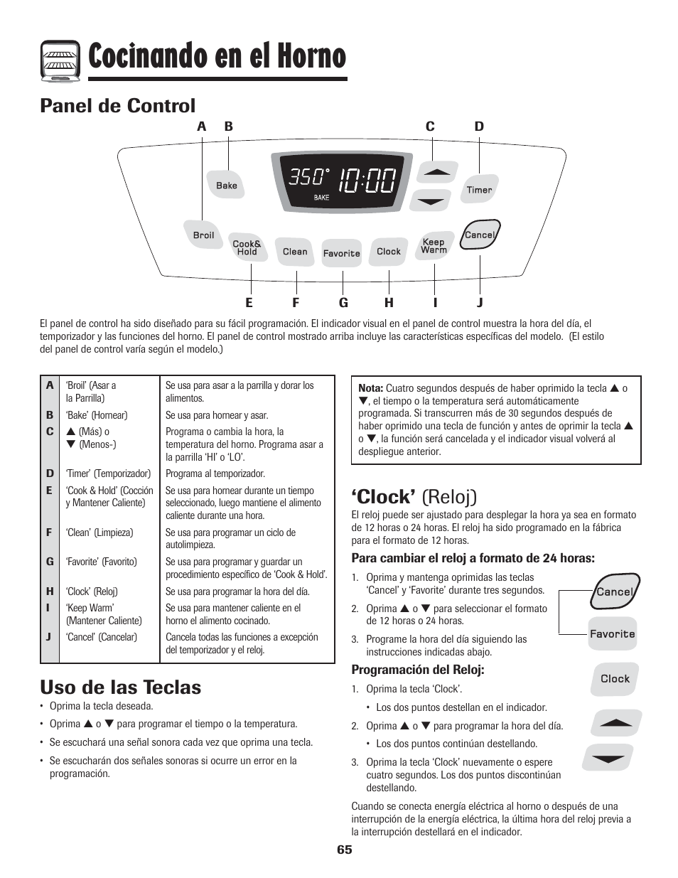 Cocinando en el horno, Panel de control, Clock’ (reloj) | Uso de las teclas | Amana 8113P454-60 User Manual | Page 66 / 84