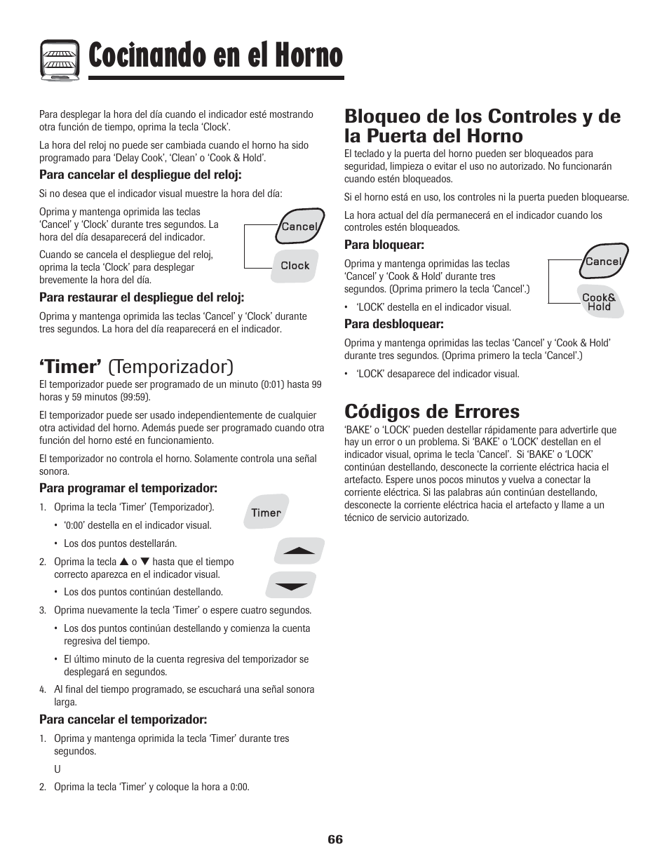 Cocinando en el horno, Timer’ (temporizador), Bloqueo de los controles y de la puerta del horno | Códigos de errores | Amana 8113P454-60 User Manual | Page 67 / 84