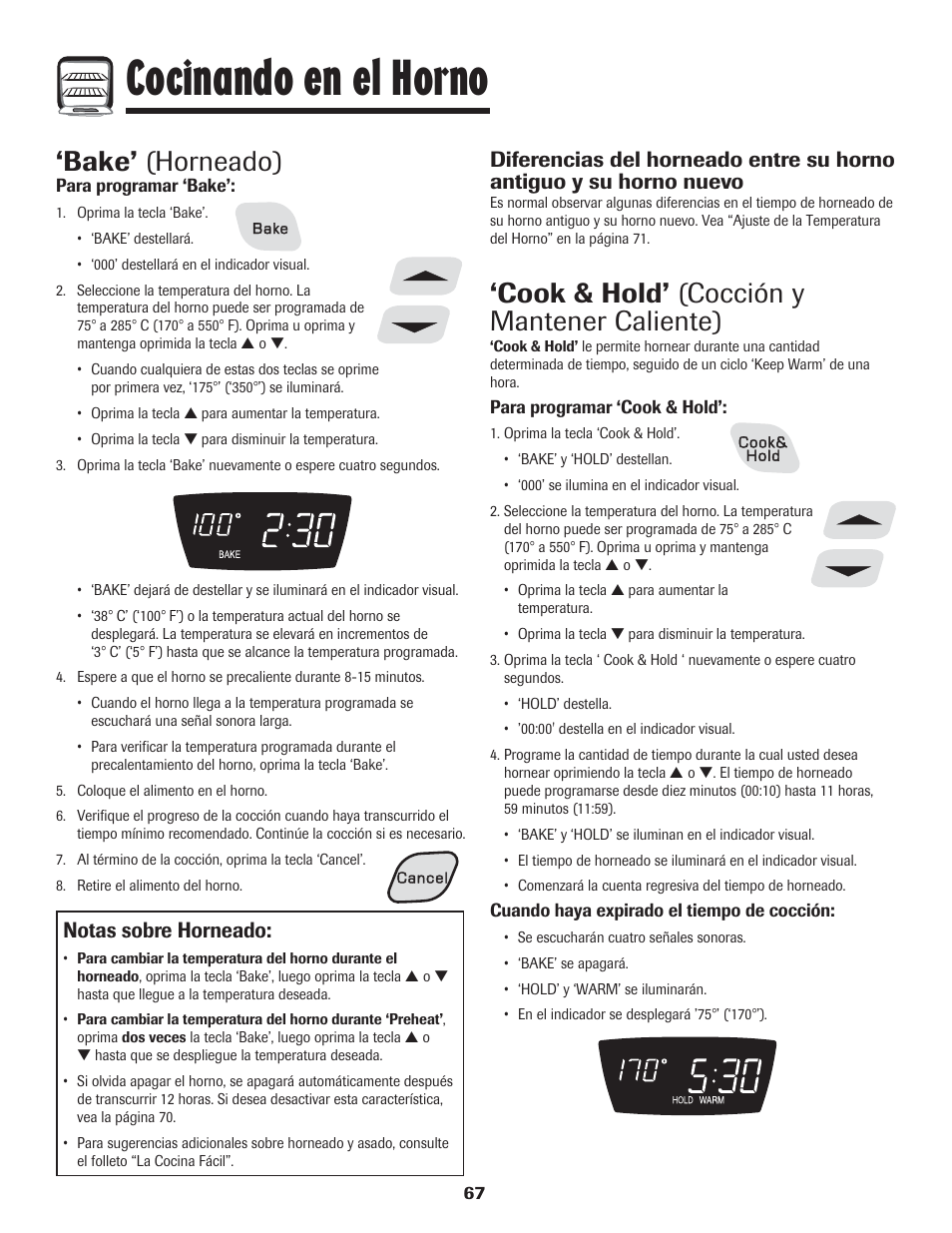 Cocinando en el horno, Bake’ (horneado), Cook & hold’ (cocción y mantener caliente) | Notas sobre horneado | Amana 8113P454-60 User Manual | Page 68 / 84