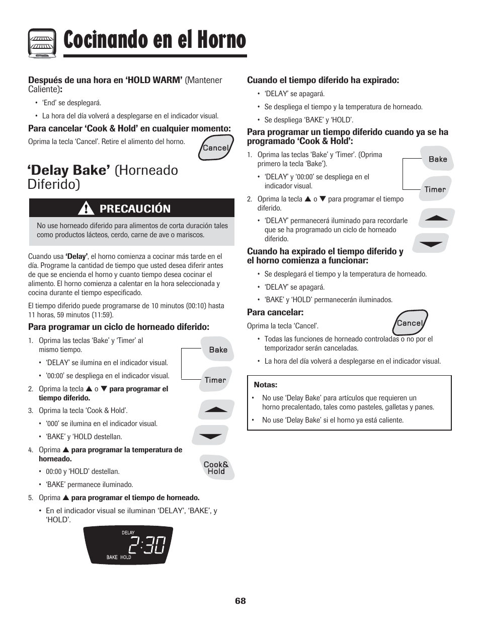 Cocinando en el horno, Delay bake’ (horneado diferido), Precaución | Amana 8113P454-60 User Manual | Page 69 / 84