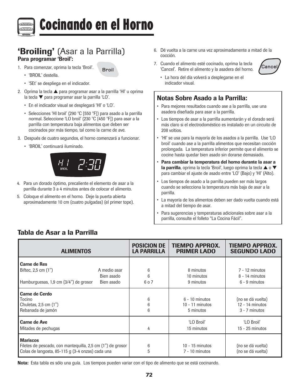 Cocinando en el horno, Broiling’ (asar a la parrilla), Tabla de asar a la parrilla | Notas sobre asado a la parrilla | Amana 8113P454-60 User Manual | Page 73 / 84
