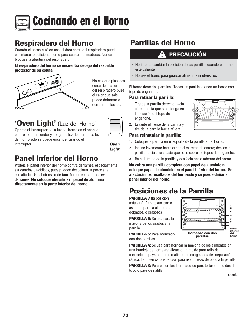 Cocinando en el horno, Parrillas del horno, Posiciones de la parrilla | Oven light, Panel inferior del horno, Respiradero del horno, Luz del horno), Precaución | Amana 8113P454-60 User Manual | Page 74 / 84