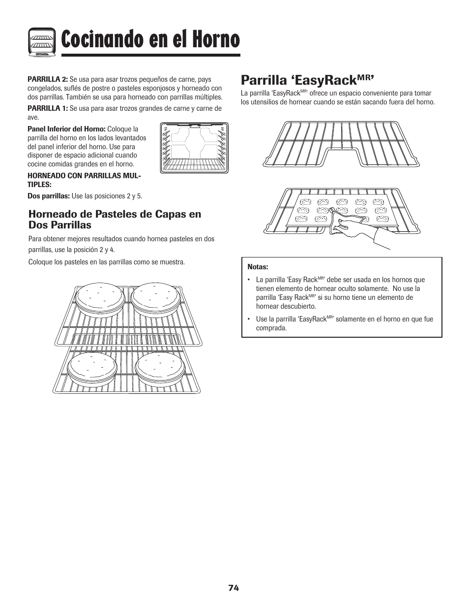 Cocinando en el horno, Parrilla ‘easyrack, Horneado de pasteles de capas en dos parrillas | Amana 8113P454-60 User Manual | Page 75 / 84