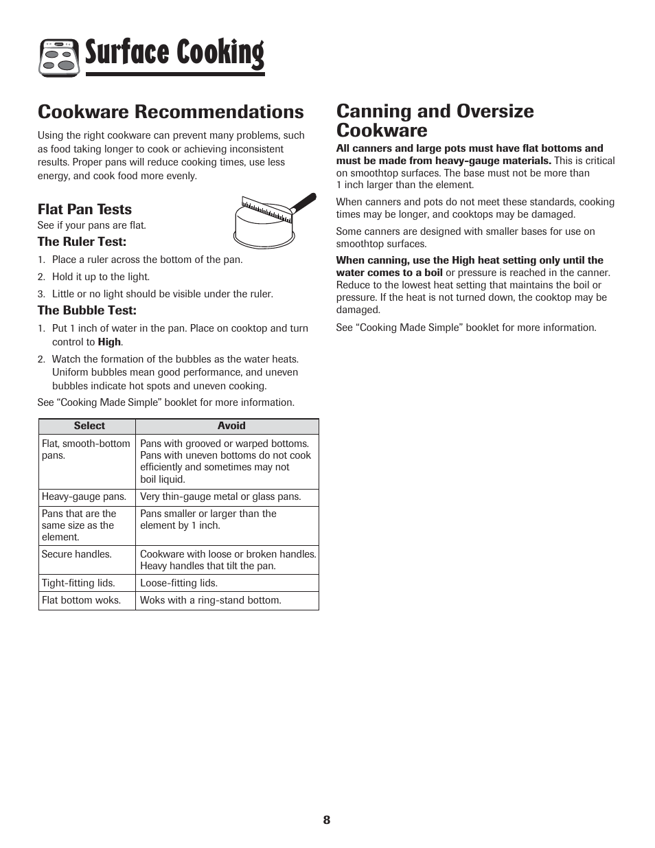 Surface cooking, Canning and oversize cookware, Cookware recommendations | Flat pan tests | Amana 8113P454-60 User Manual | Page 9 / 84