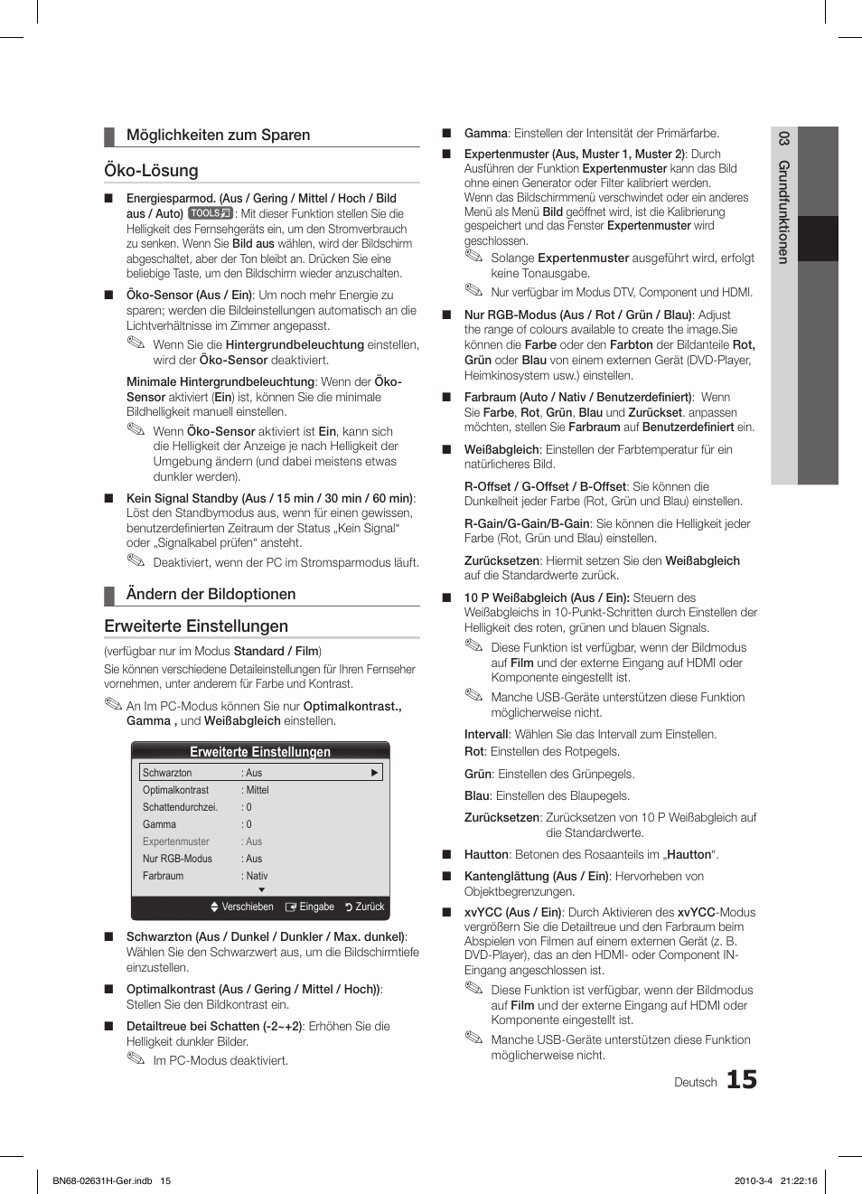 Öko-lösung, Erweiterte einstellungen | Samsung LE40C670M1Q User Manual | Page 124 / 164