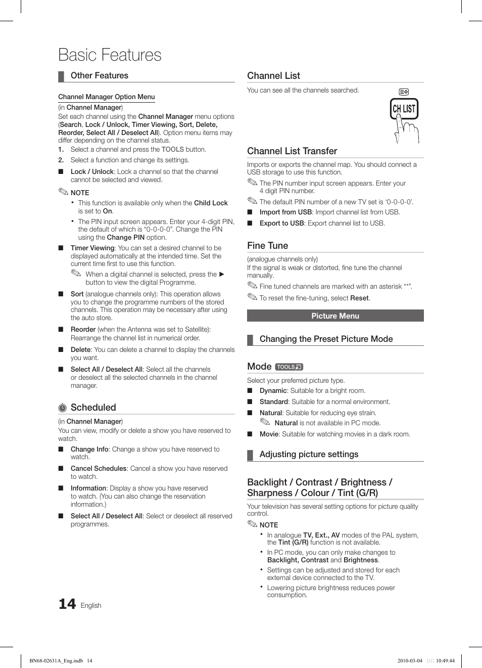 Basic features, Ⱥ - ȼ, Scheduled | Channel list, Channel list transfer, Fine tune, Mode | Samsung LE40C670M1Q User Manual | Page 14 / 164