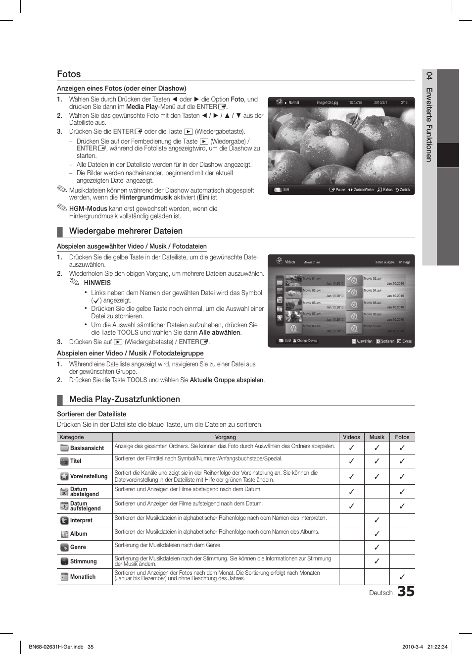 Fotos, Wiedergabe mehrerer dateien, Media play-zusatzfunktionen | Samsung LE40C670M1Q User Manual | Page 144 / 164