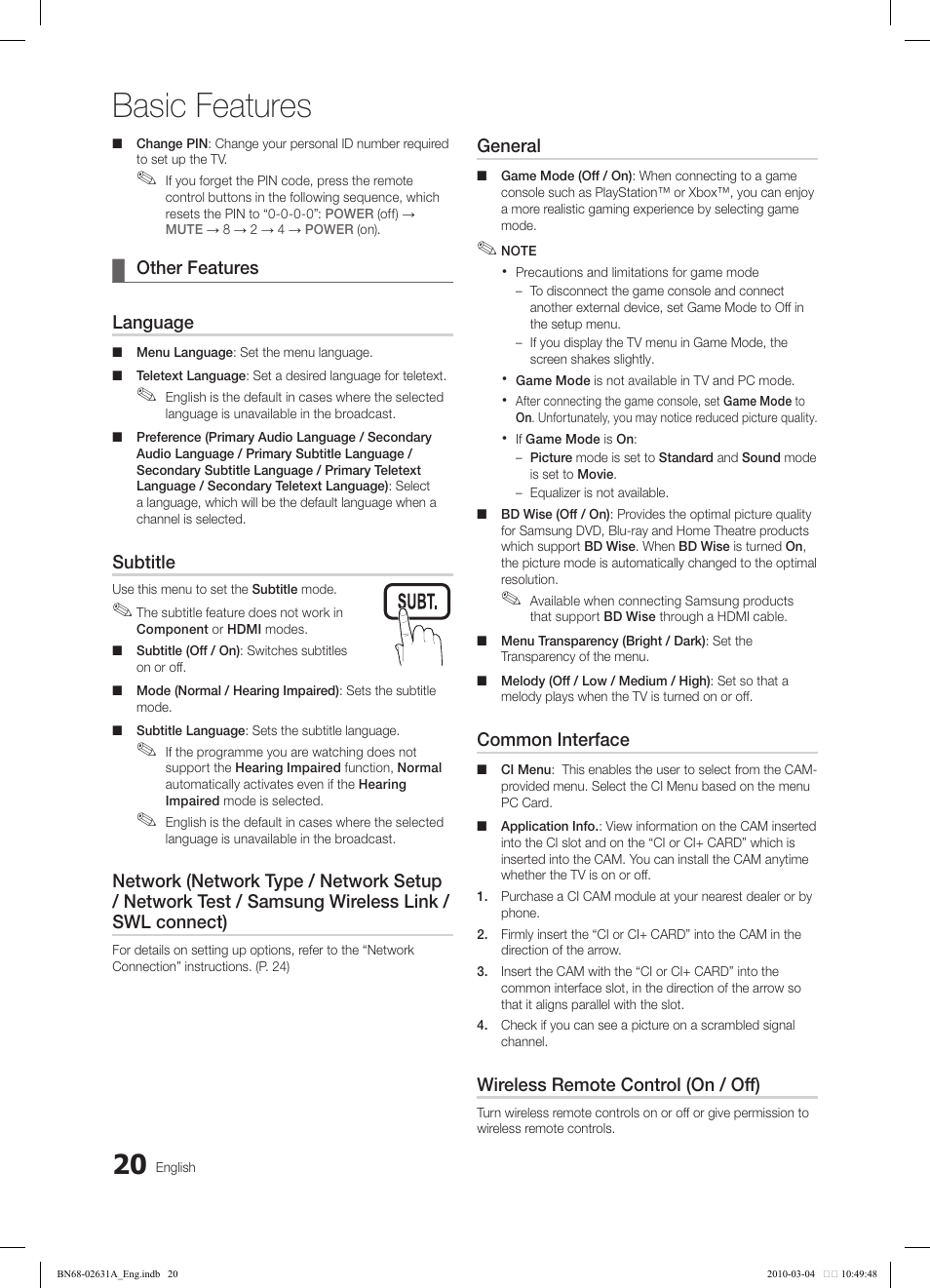Basic features, Ⱥ - ȼ, Other features ¦ language | Subtitle, General, Common interface, Wireless remote control (on / off) | Samsung LE40C670M1Q User Manual | Page 20 / 164