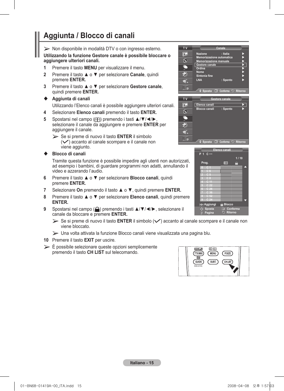 Aggiunta / blocco di canali | Samsung PS42A416C1D User Manual | Page 212 / 394