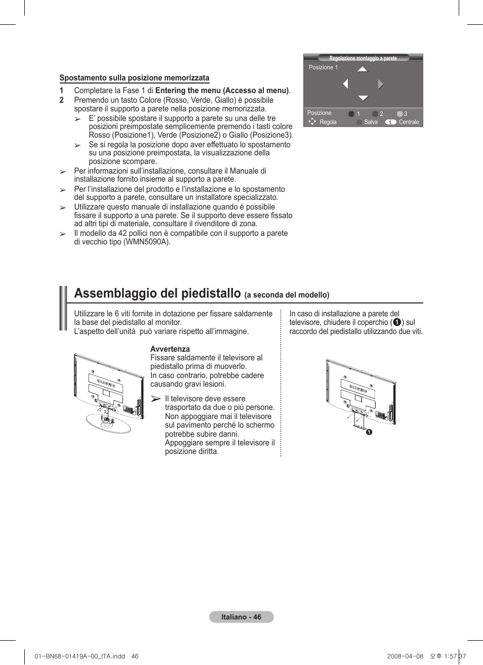 Assemblaggio del piedistallo | Samsung PS42A416C1D User Manual | Page 243 / 394