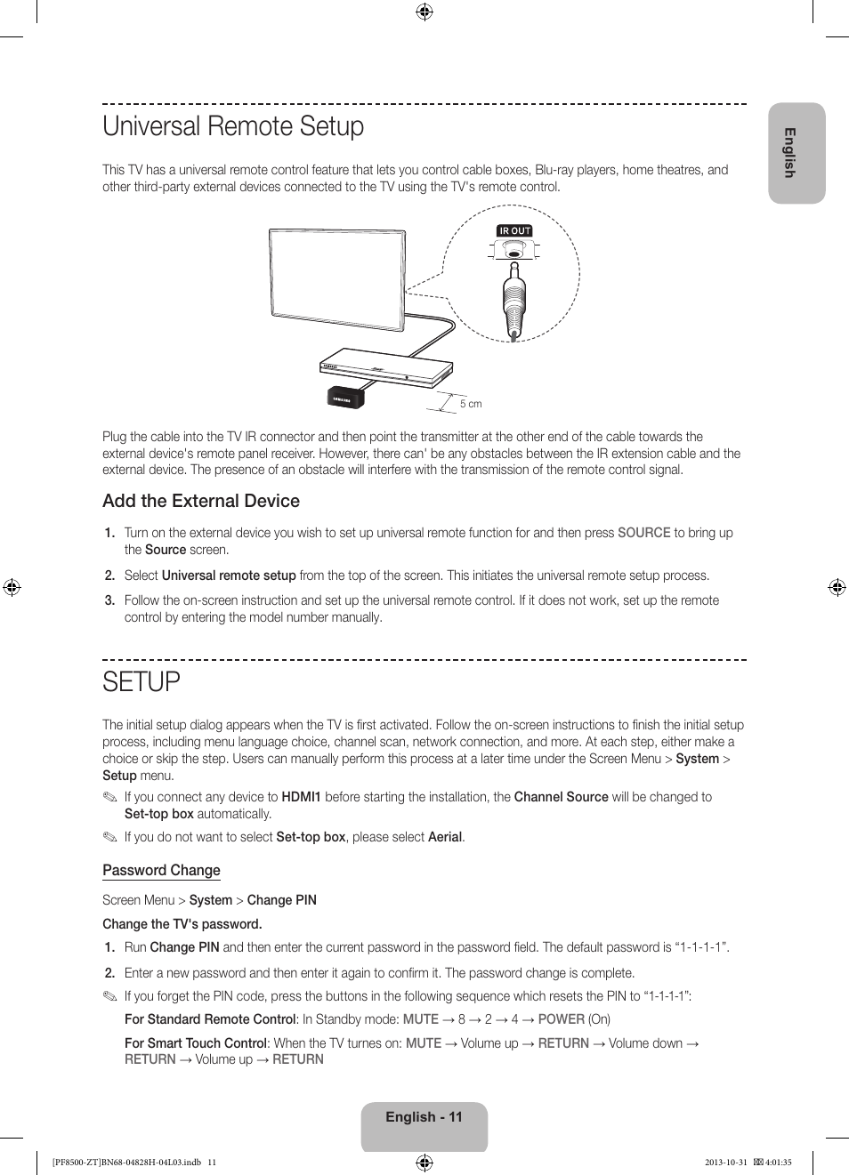 Universal remote setup, Setup, Add the external device | Samsung PS51F8500SZ User Manual | Page 11 / 73