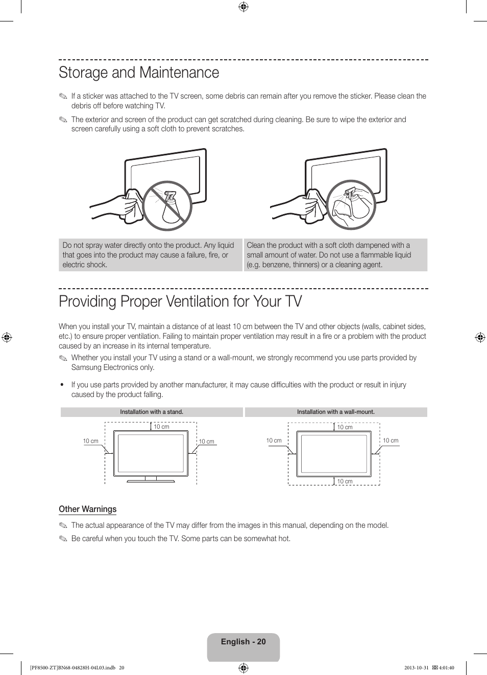 Storage and maintenance, Providing proper ventilation for your tv | Samsung PS51F8500SZ User Manual | Page 20 / 73