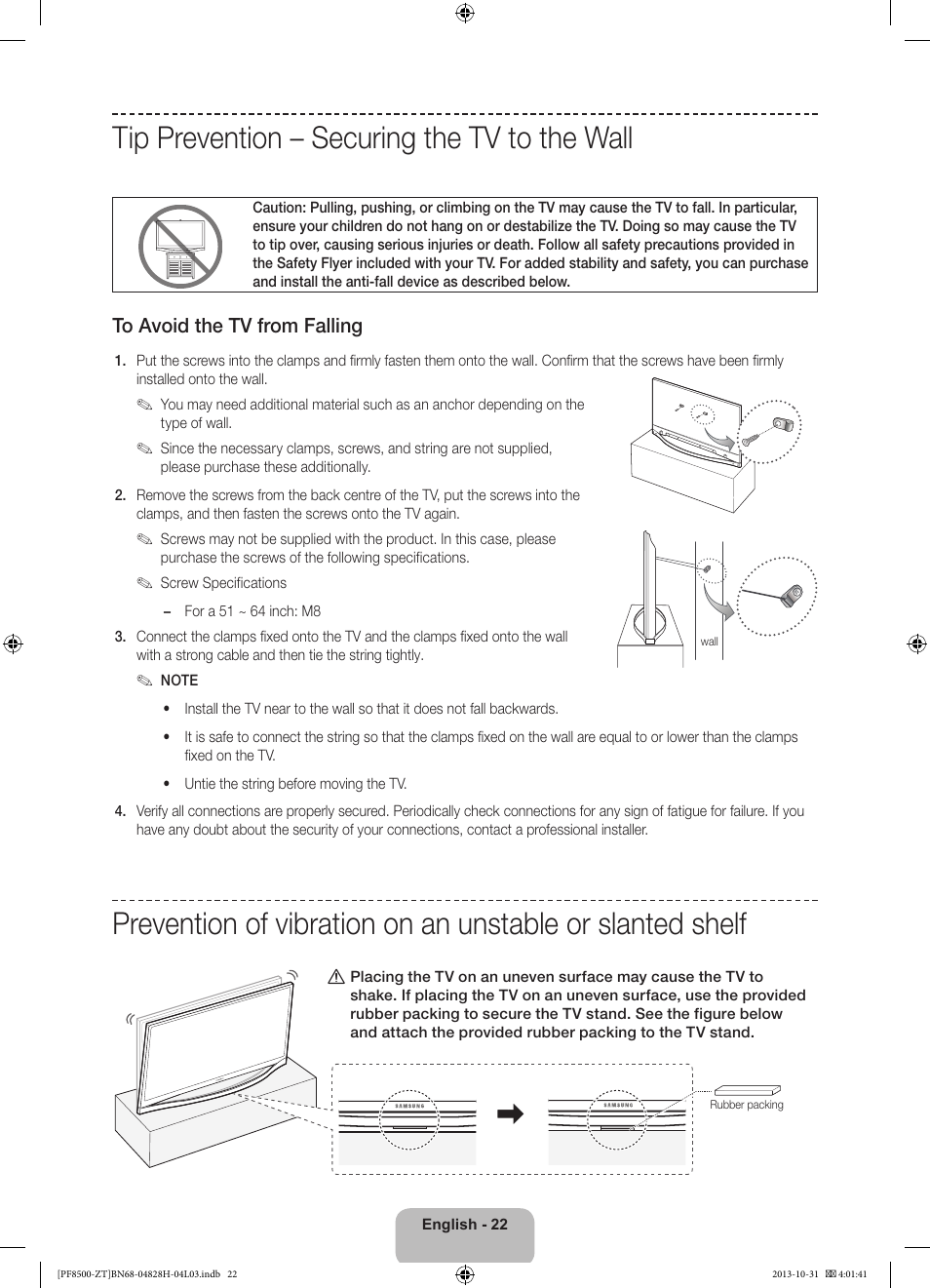 Tip prevention – securing the tv to the wall | Samsung PS51F8500SZ User Manual | Page 22 / 73