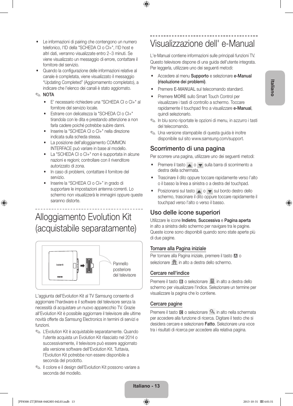 Visualizzazione dell' e-manual, Scorrimento di una pagina, Uso delle icone superiori | Samsung PS51F8500SZ User Manual | Page 37 / 73
