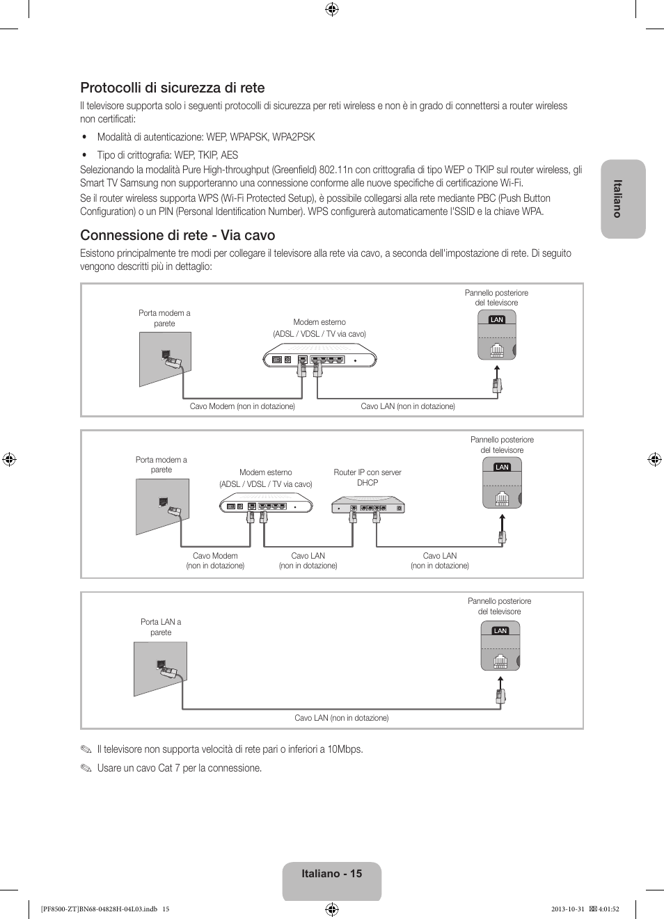 Protocolli di sicurezza di rete, Connessione di rete - via cavo | Samsung PS51F8500SZ User Manual | Page 39 / 73
