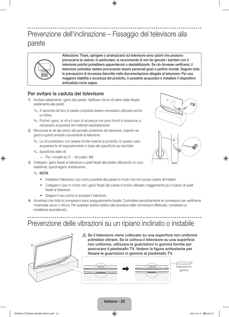 Per evitare la caduta del televisore | Samsung PS51F8500SZ User Manual | Page 46 / 73