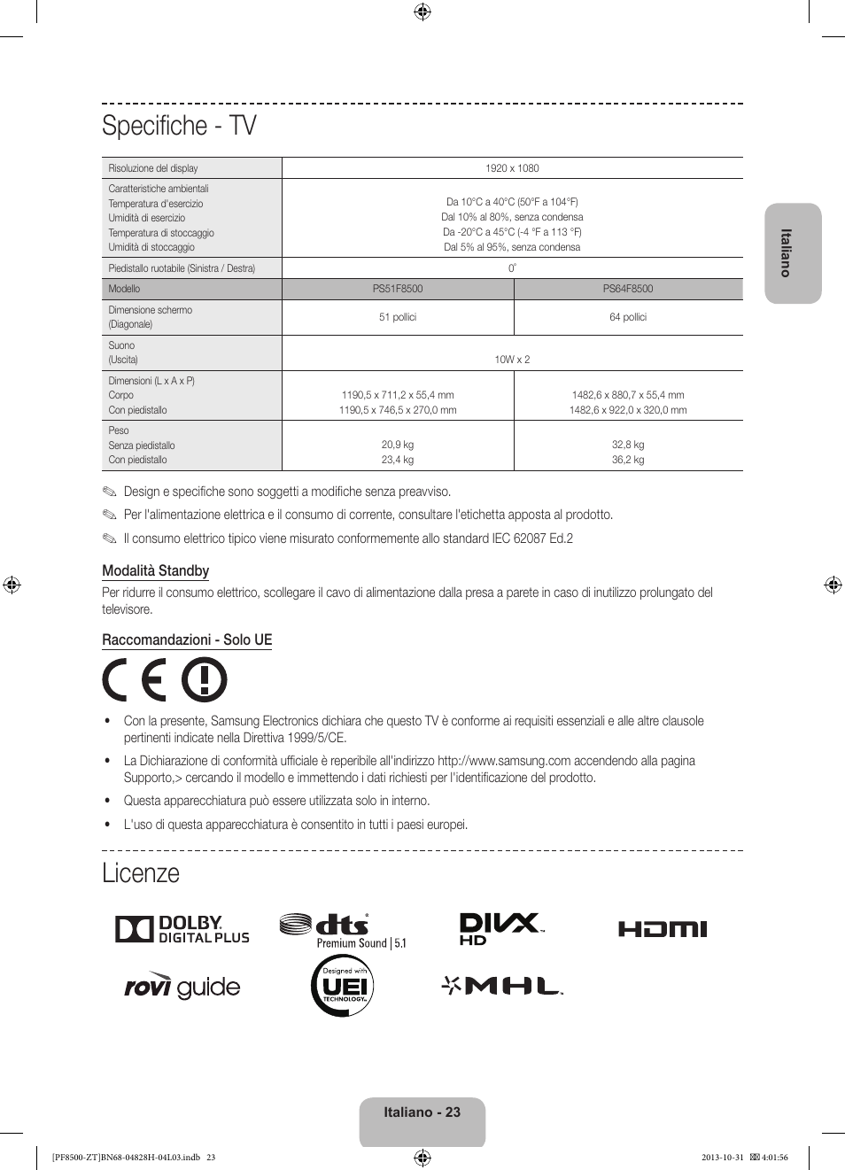 Specifiche - tv, Licenze | Samsung PS51F8500SZ User Manual | Page 47 / 73