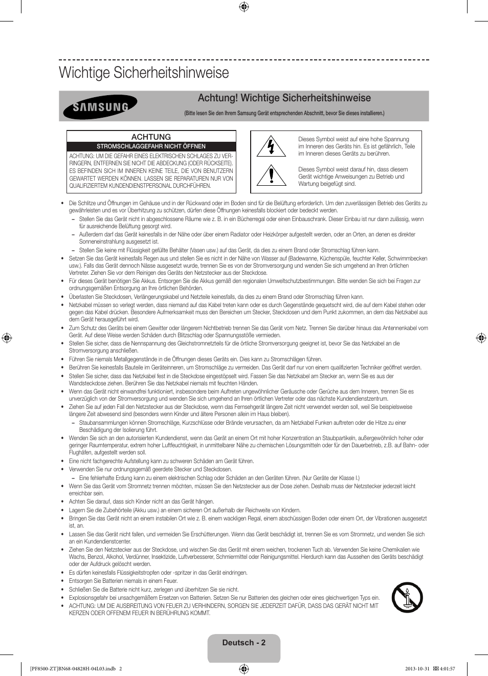 Wichtige sicherheitshinweise, Achtung! wichtige sicherheitshinweise | Samsung PS51F8500SZ User Manual | Page 50 / 73
