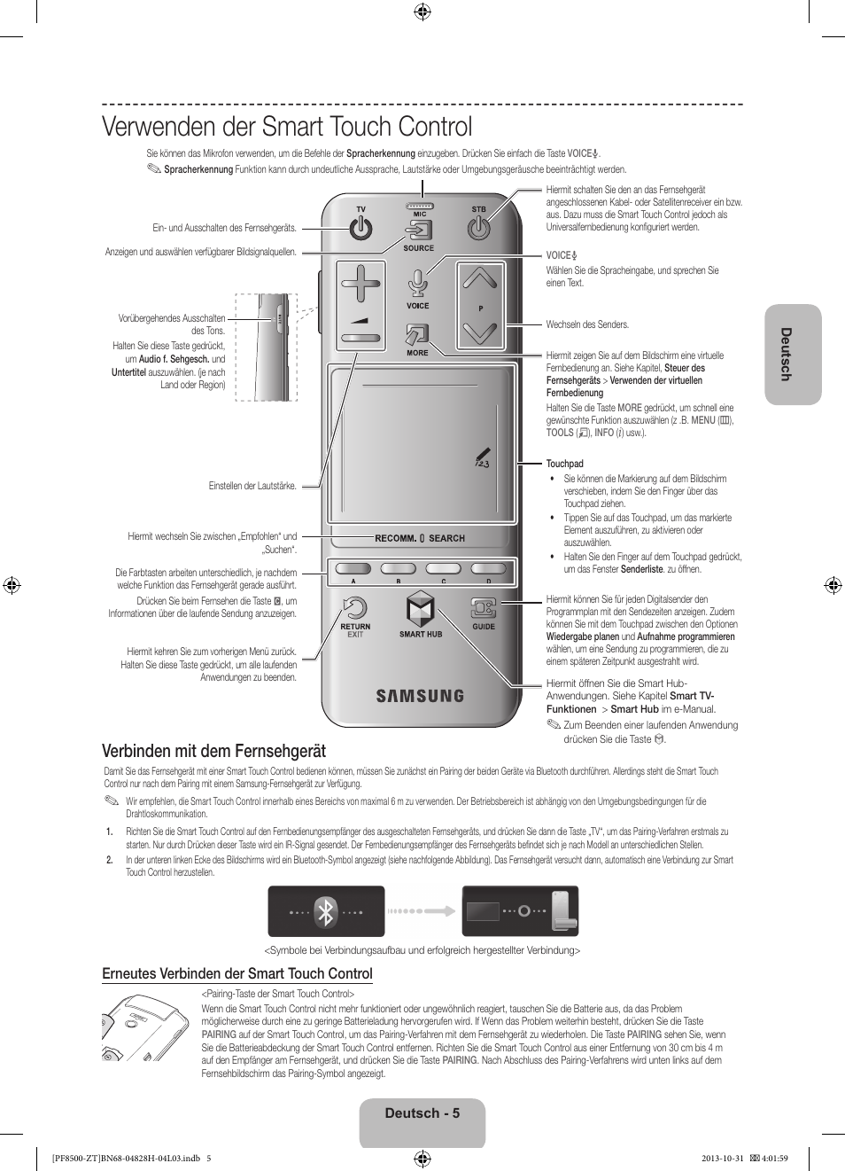 Verwenden der smart touch control, Verbinden mit dem fernsehgerät, Erneutes verbinden der smart touch control | Samsung PS51F8500SZ User Manual | Page 53 / 73