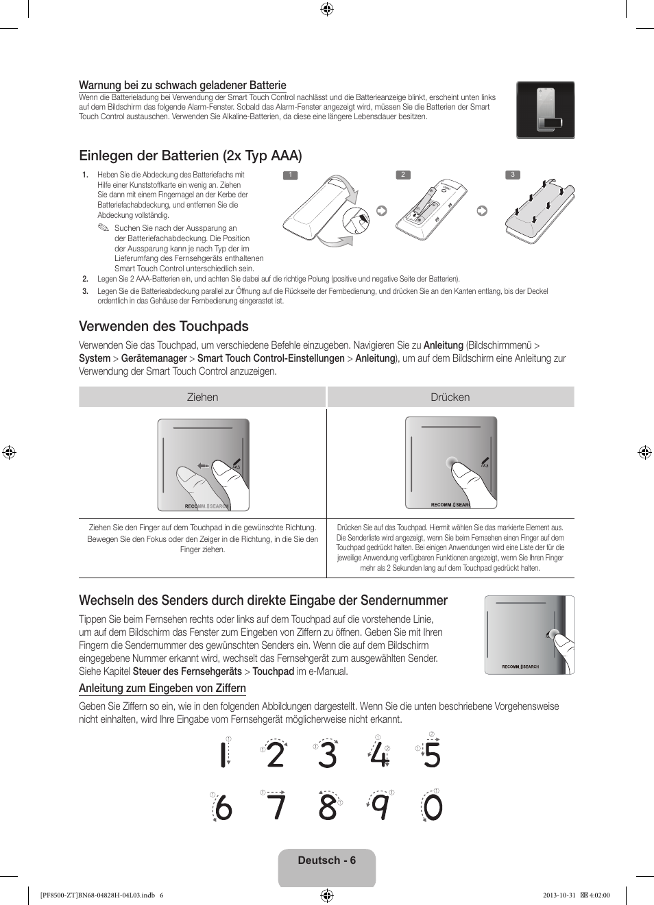 Einlegen der batterien (2x typ aaa), Verwenden des touchpads | Samsung PS51F8500SZ User Manual | Page 54 / 73