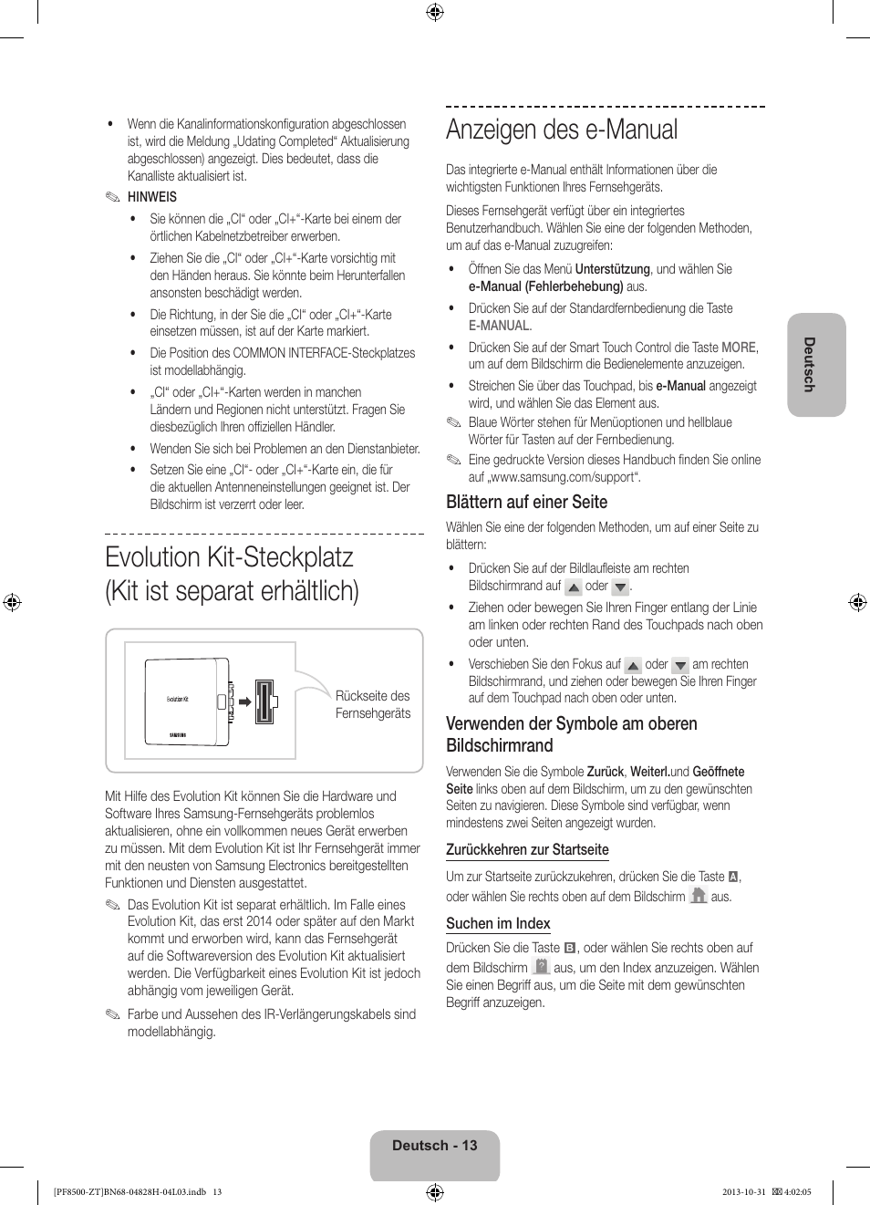 Anzeigen des e-manual, Blättern auf einer seite, Verwenden der symbole am oberen bildschirmrand | Samsung PS51F8500SZ User Manual | Page 61 / 73