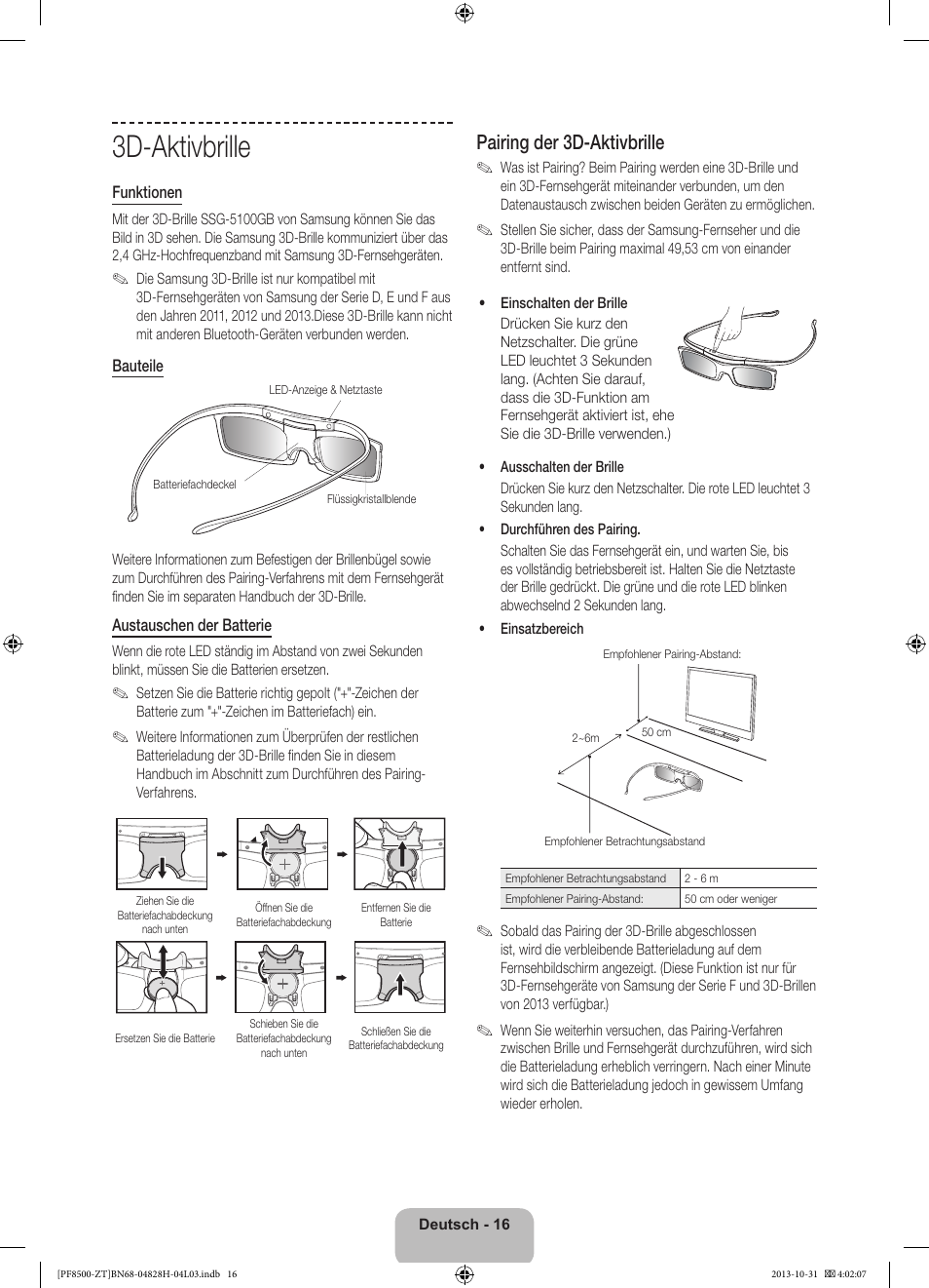 3d-aktivbrille, Pairing der 3d-aktivbrille | Samsung PS51F8500SZ User Manual | Page 64 / 73