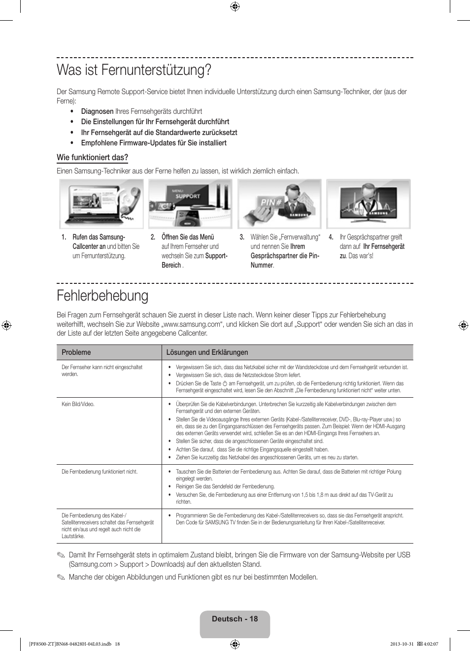 Was ist fernunterstützung, Fehlerbehebung | Samsung PS51F8500SZ User Manual | Page 66 / 73