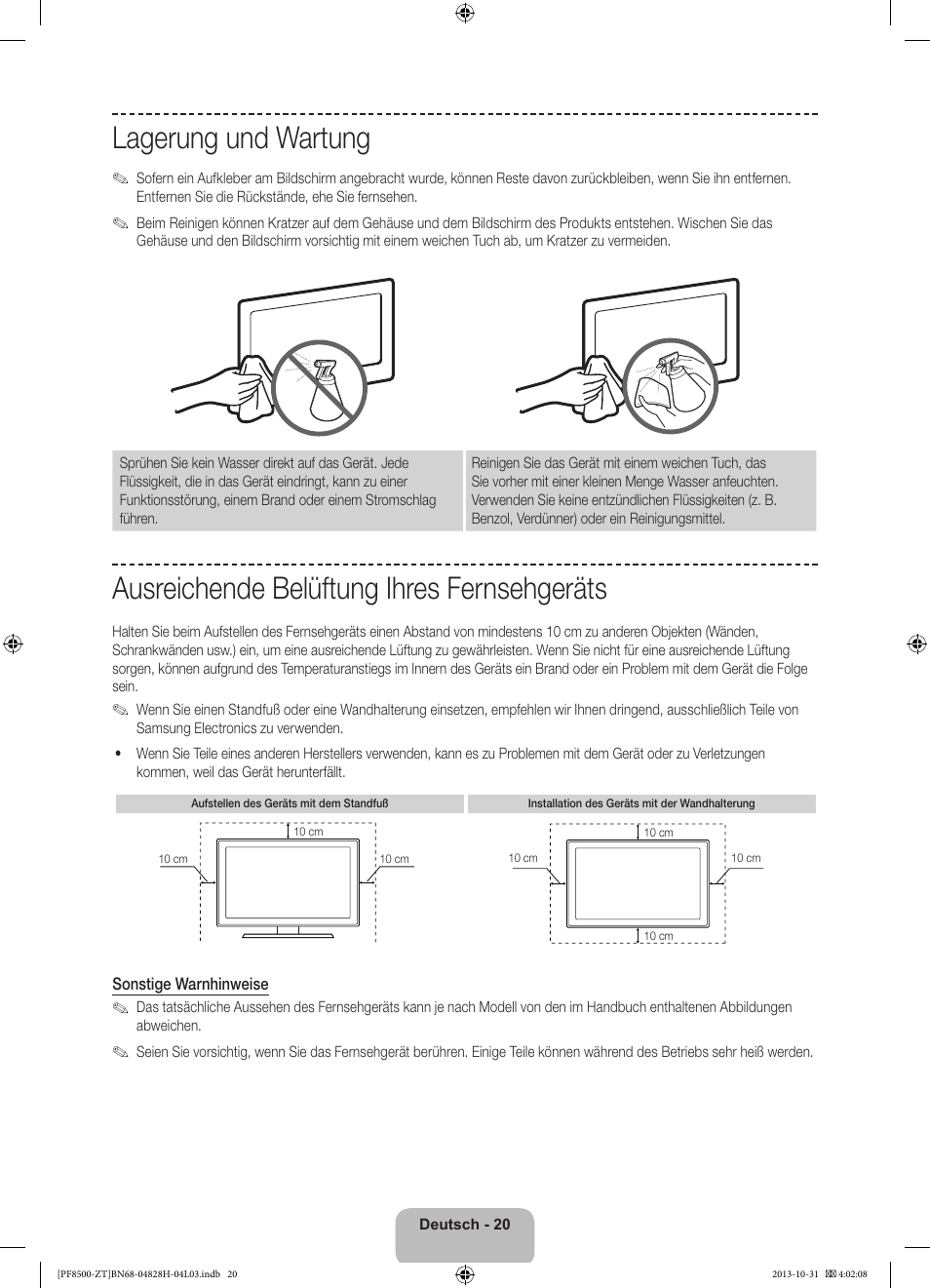 Lagerung und wartung, Ausreichende belüftung ihres fernsehgeräts | Samsung PS51F8500SZ User Manual | Page 68 / 73