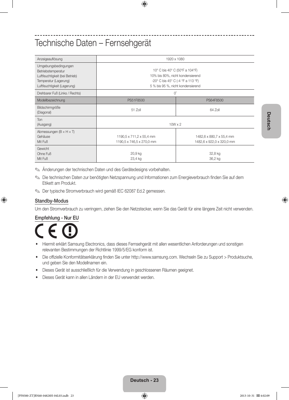 Technische daten – fernsehgerät | Samsung PS51F8500SZ User Manual | Page 71 / 73