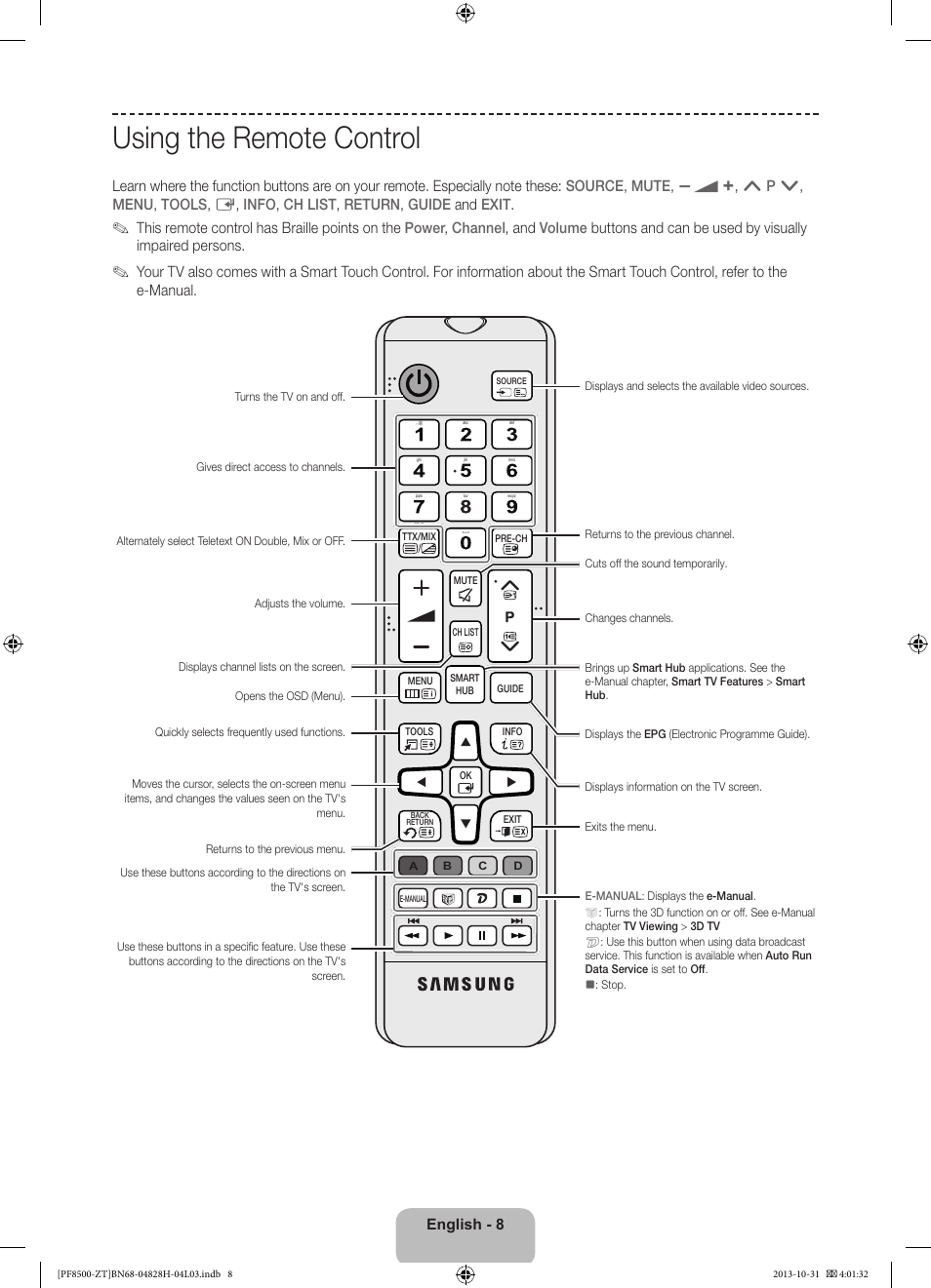 Using the remote control | Samsung PS51F8500SZ User Manual | Page 8 / 73
