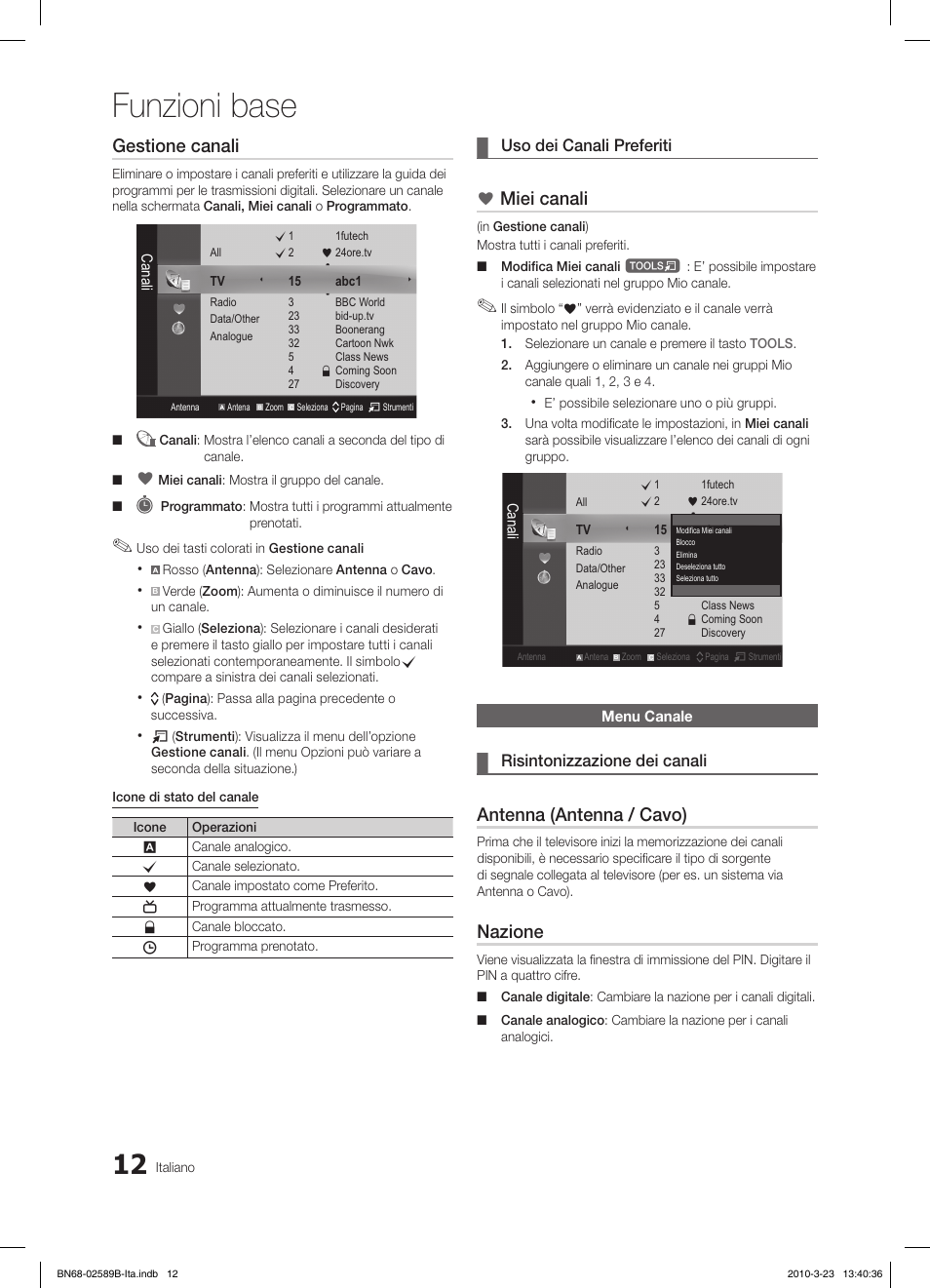 Funzioni base, Gestione canali, Miei canali | Antenna (antenna / cavo), Nazione | Samsung LE32C350D1W User Manual | Page 111 / 134