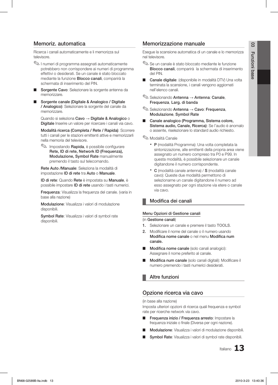 Opzione ricerca via cavo | Samsung LE32C350D1W User Manual | Page 112 / 134