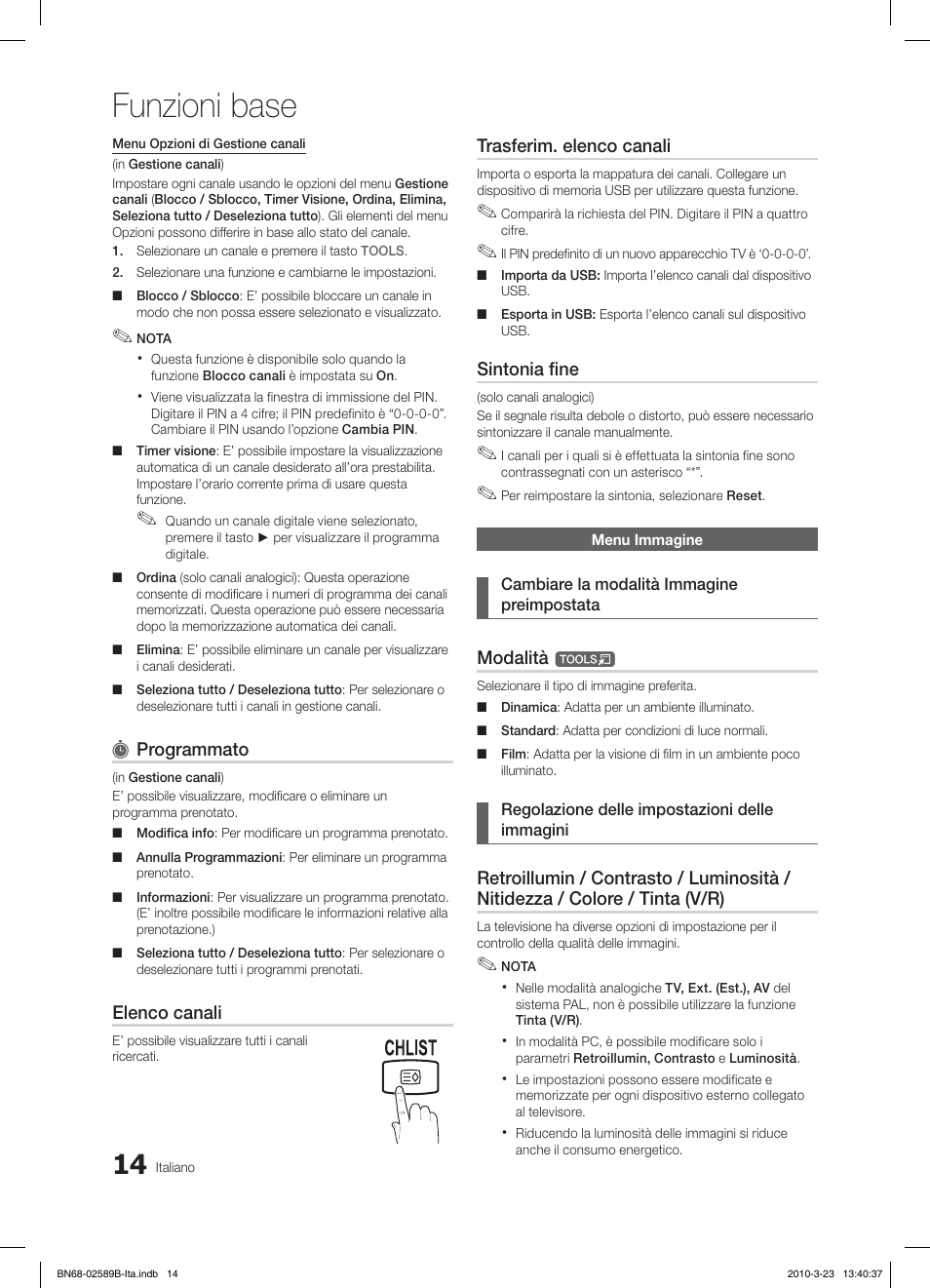 Funzioni base, Programmato, Elenco canali | Trasferim. elenco canali, Sintonia fine, Modalità t | Samsung LE32C350D1W User Manual | Page 113 / 134