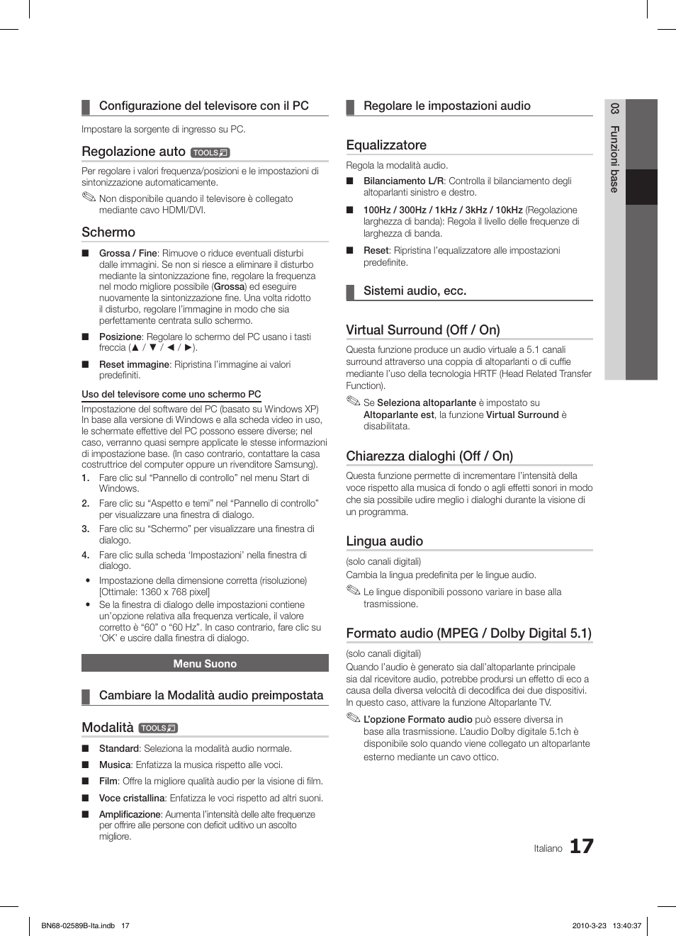 Regolazione auto, Schermo, Modalità | Equalizzatore, Virtual surround (off / on), Chiarezza dialoghi (off / on), Lingua audio, Formato audio (mpeg / dolby digital 5.1) | Samsung LE32C350D1W User Manual | Page 116 / 134