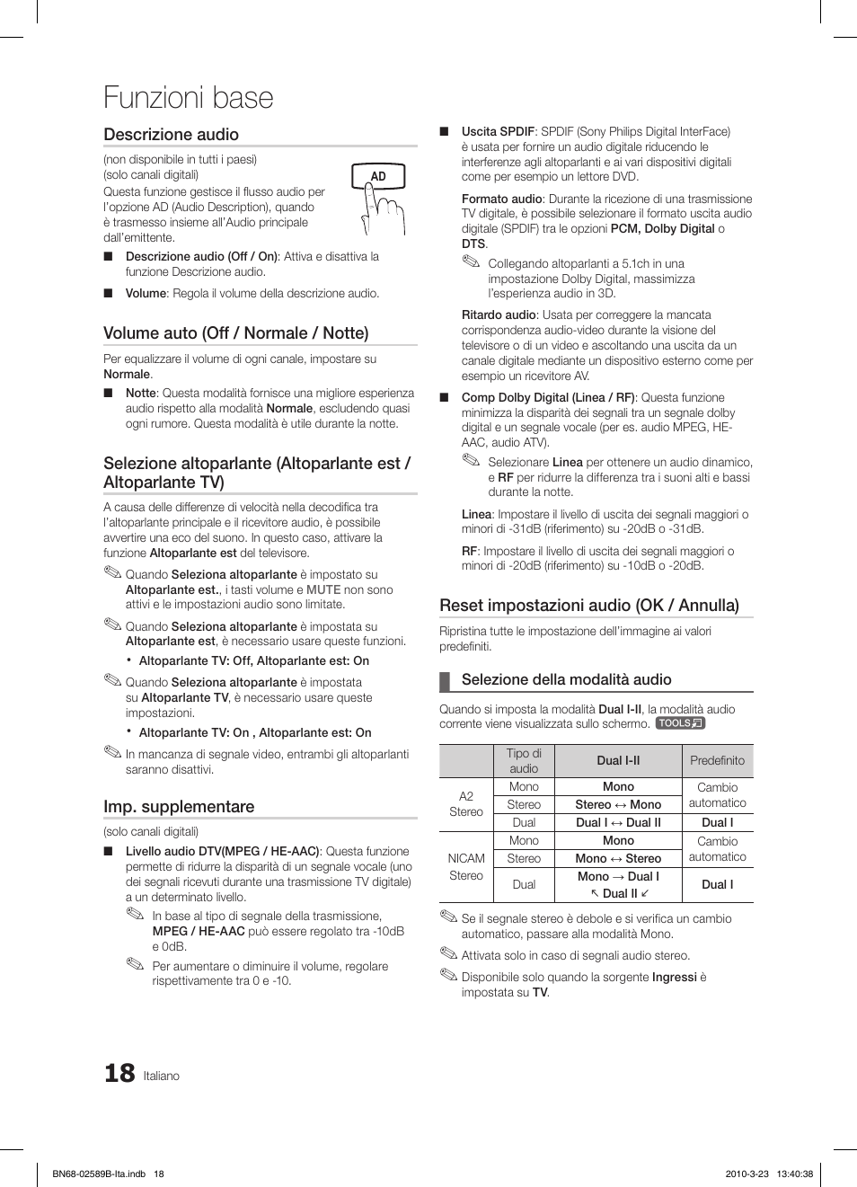 Funzioni base, Descrizione audio, Volume auto (off / normale / notte) | Imp. supplementare, Reset impostazioni audio (ok / annulla) | Samsung LE32C350D1W User Manual | Page 117 / 134