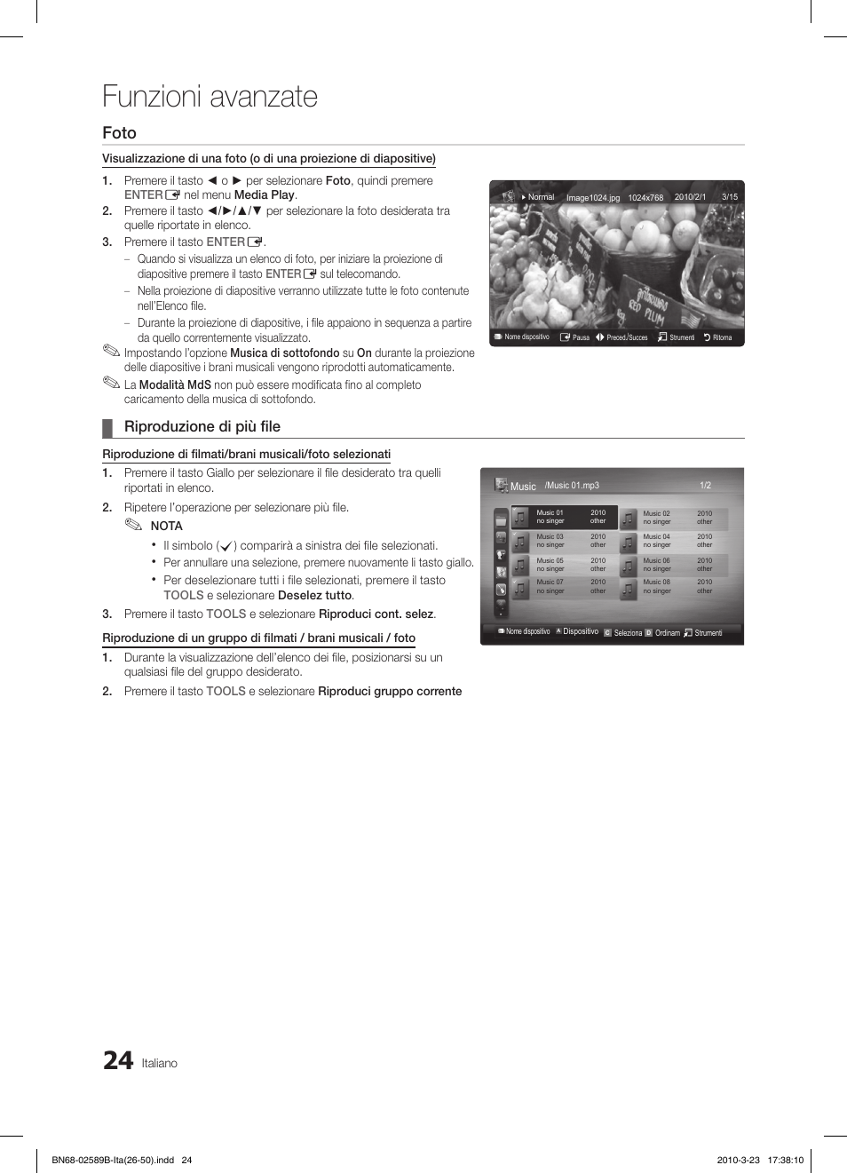 Funzioni avanzate, Foto, Riproduzione di più file | Samsung LE32C350D1W User Manual | Page 123 / 134