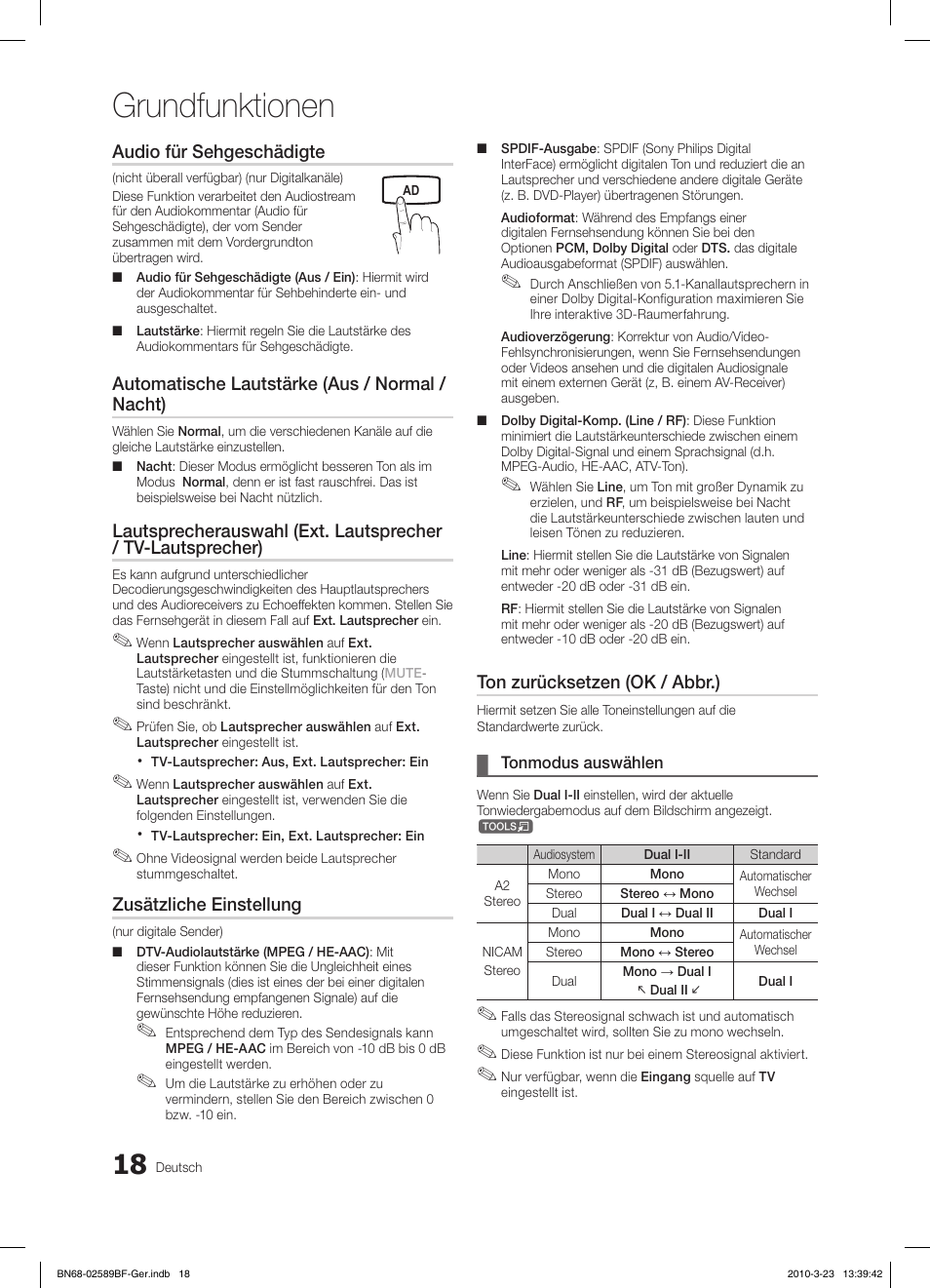 Grundfunktionen, Audio für sehgeschädigte, Automatische lautstärke (aus / normal / nacht) | Zusätzliche einstellung, Ton zurücksetzen (ok / abbr.) | Samsung LE32C350D1W User Manual | Page 52 / 134