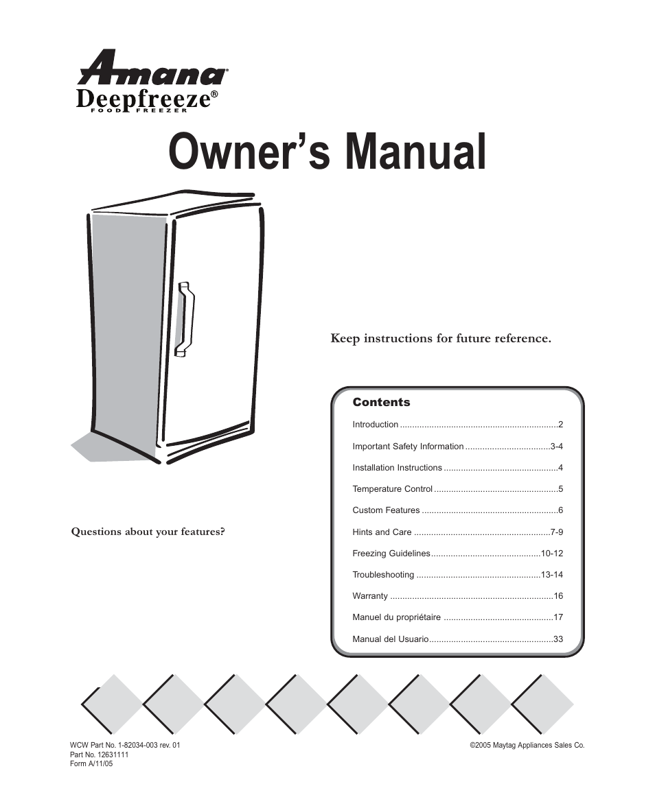 Amana Deepfreeze Upright Freezers User Manual | 48 pages