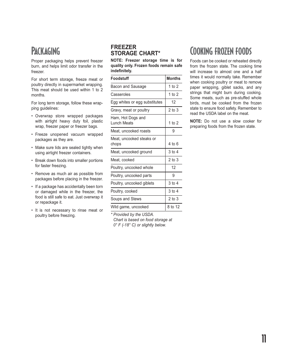 11 packaging, Cooking frozen foods, Freezer storage chart | Amana Deepfreeze Upright Freezers User Manual | Page 11 / 48