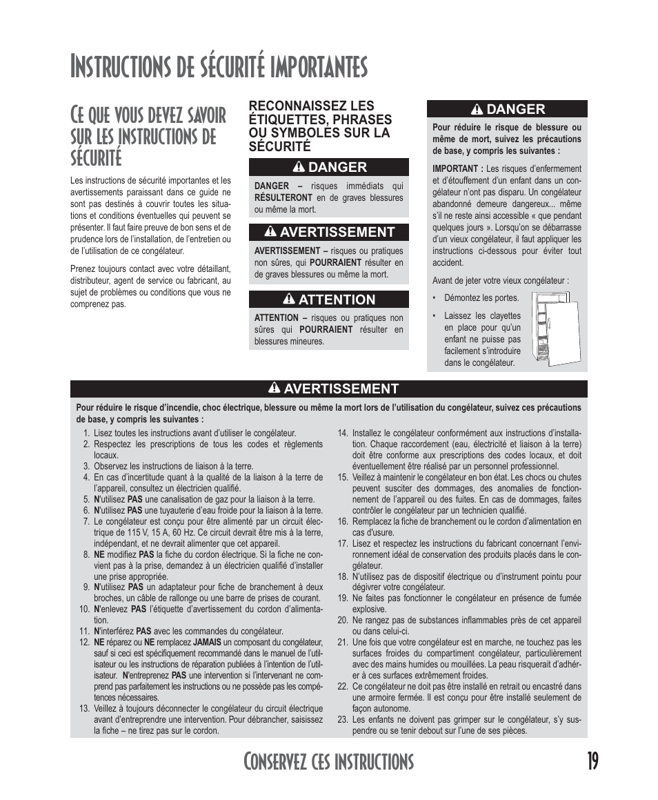 Instructions de sécurité importantes, Conservez ces instructions | Amana Deepfreeze Upright Freezers User Manual | Page 19 / 48