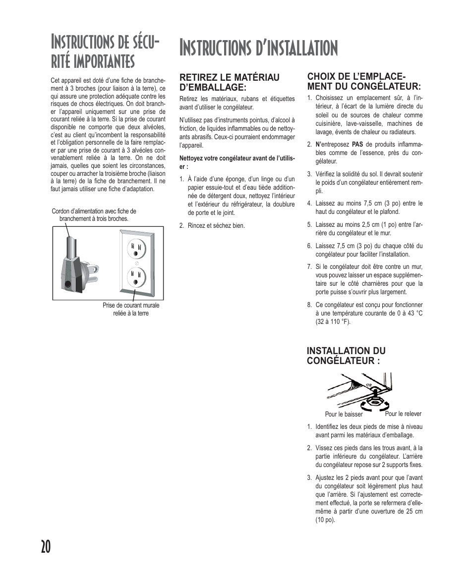 Instructions d’installation, Instructions de sécu- rité importantes | Amana Deepfreeze Upright Freezers User Manual | Page 20 / 48