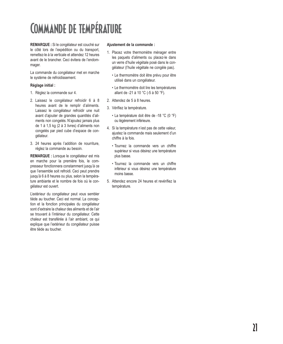 Commande de température | Amana Deepfreeze Upright Freezers User Manual | Page 21 / 48